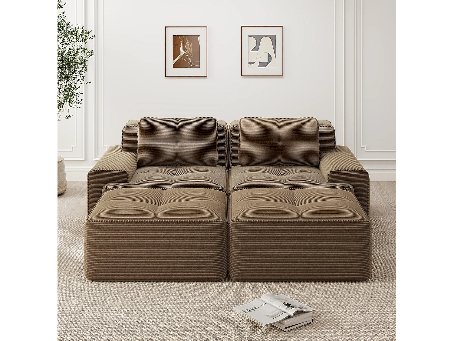 Sofá modular de pana de 2 plazas con 2 otomanas - Marrón