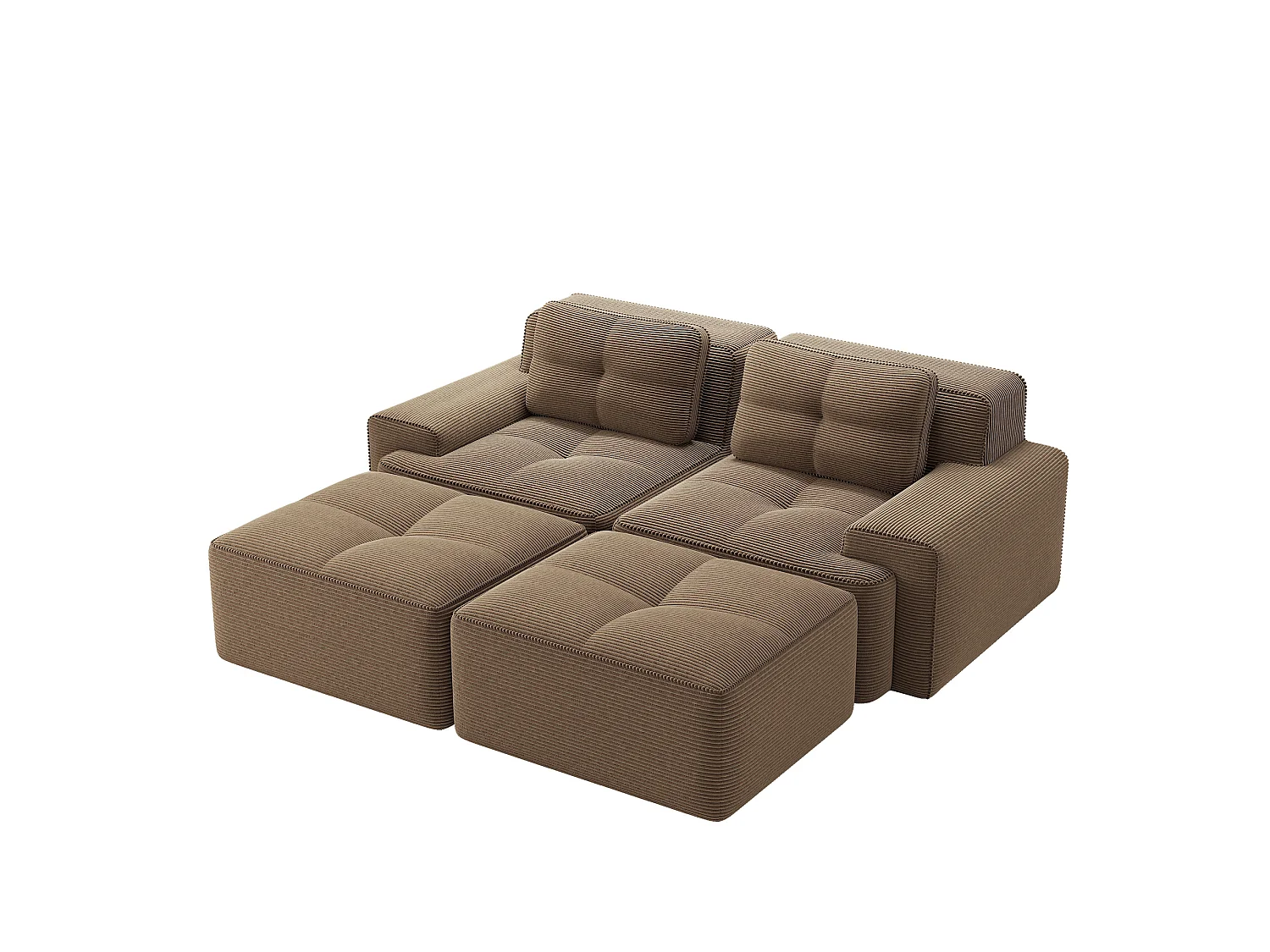 Sofá modular de pana de 2 plazas con 2 otomanas - Marrón