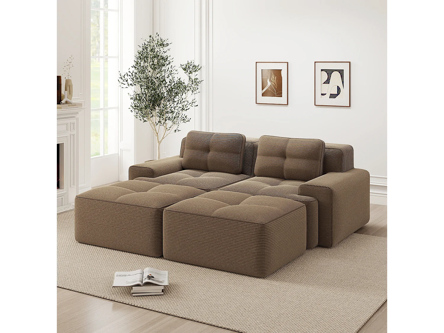 Sofá modular de pana de 2 plazas con 2 otomanas - Marrón