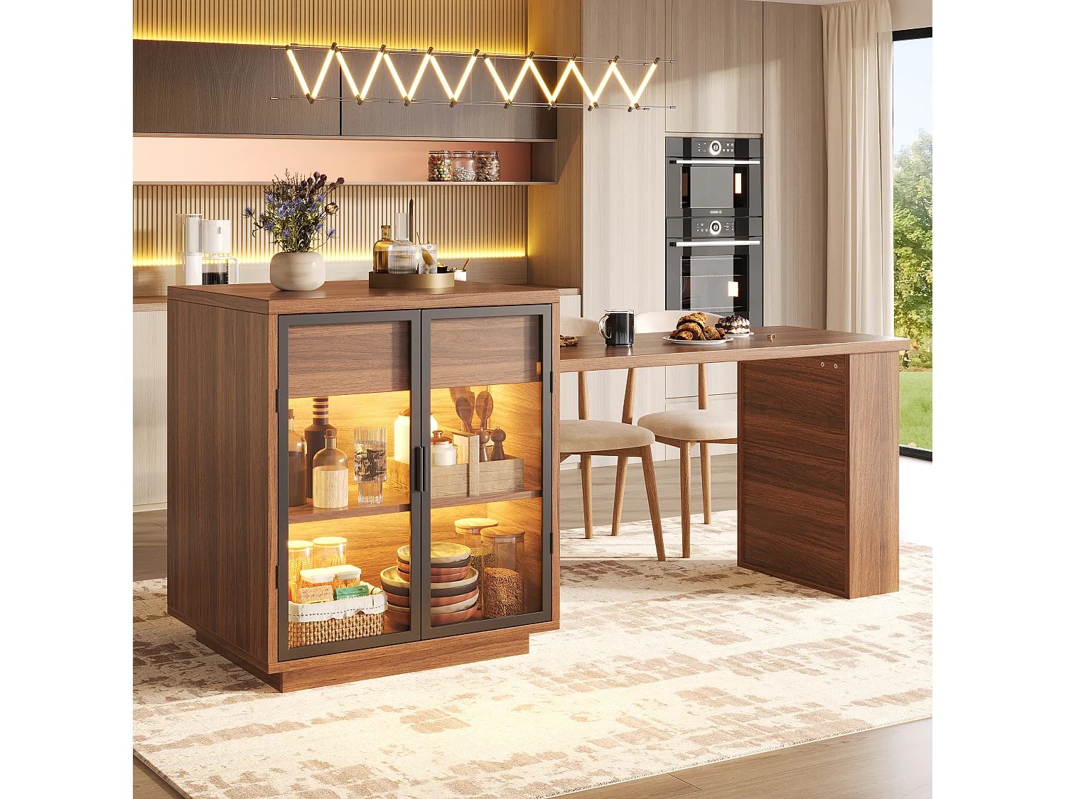 Utdragbart matbord med vitrinskåp, 1 låda, 2 dörrarHyllor, LED och USB – MDF, metall och glas – 122-194,5 x 70 x 94 cm – Brun