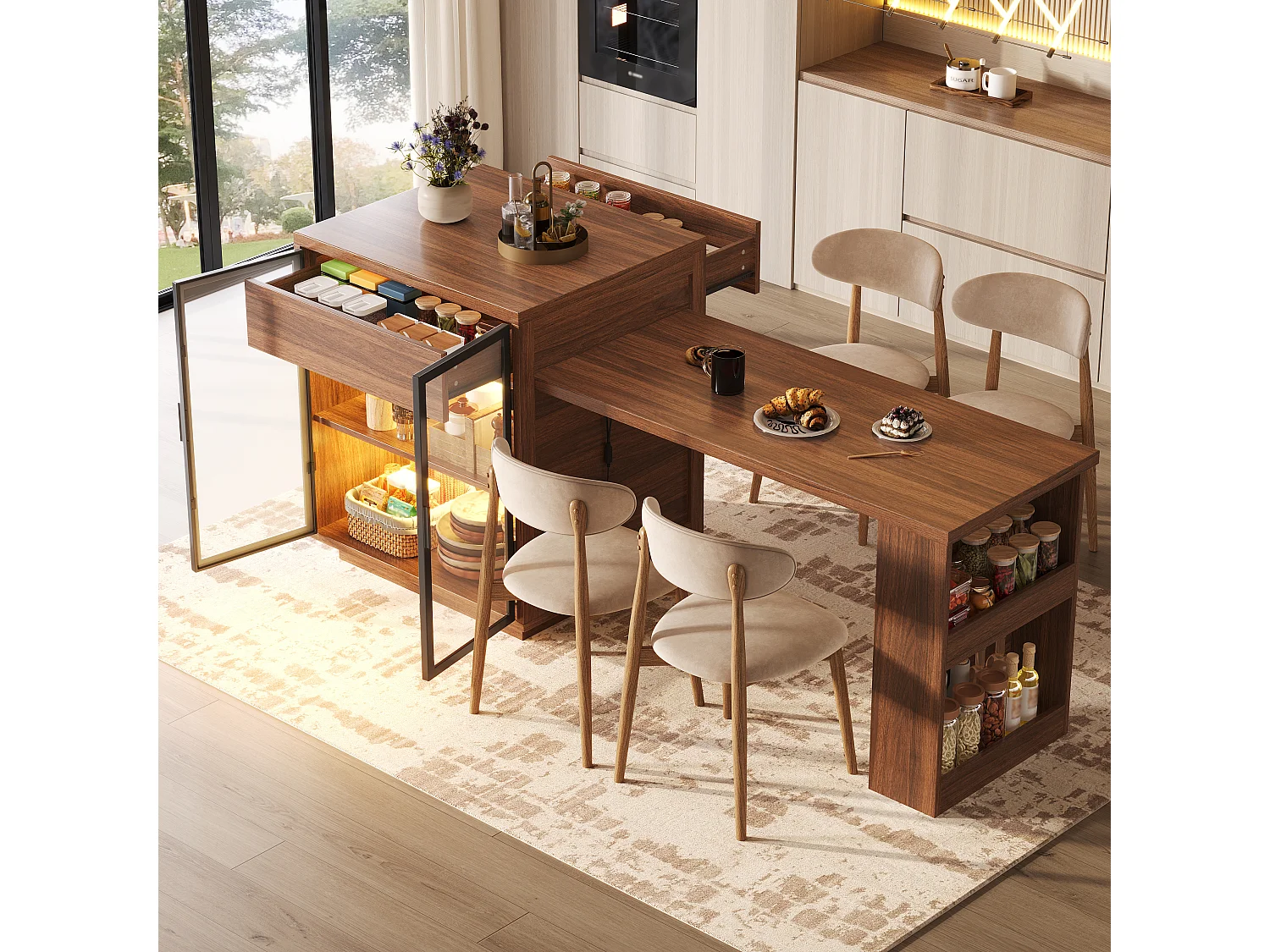 Utdragbart matbord med vitrinskåp, 1 låda, 2 dörrarHyllor, LED och USB – MDF, metall och glas – 122-194,5 x 70 x 94 cm – Brun