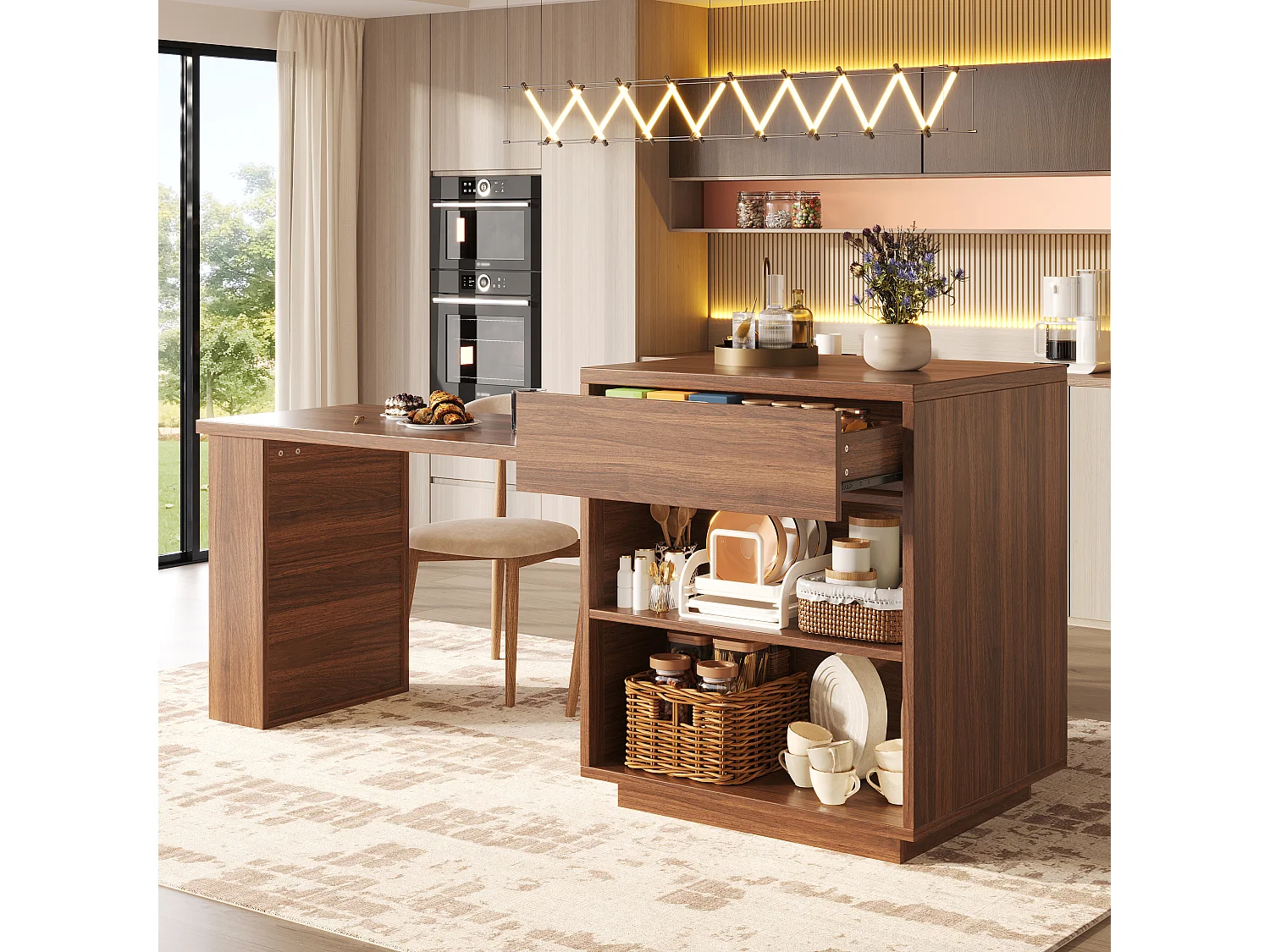 Utdragbart matbord med vitrinskåp, 1 låda, 2 dörrarHyllor, LED och USB – MDF, metall och glas – 122-194,5 x 70 x 94 cm – Brun