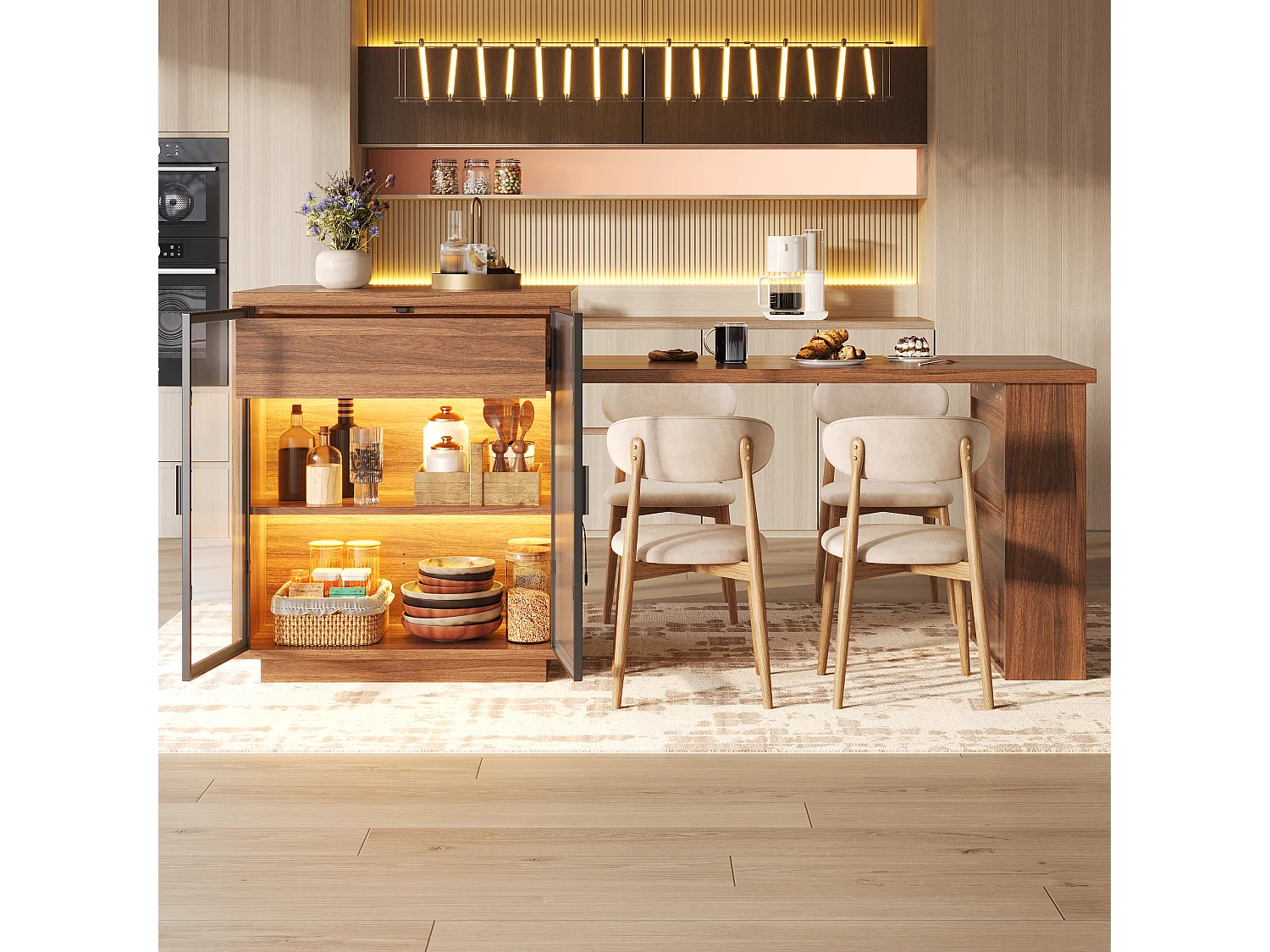 Utdragbart matbord med vitrinskåp, 1 låda, 2 dörrarHyllor, LED och USB – MDF, metall och glas – 122-194,5 x 70 x 94 cm – Brun