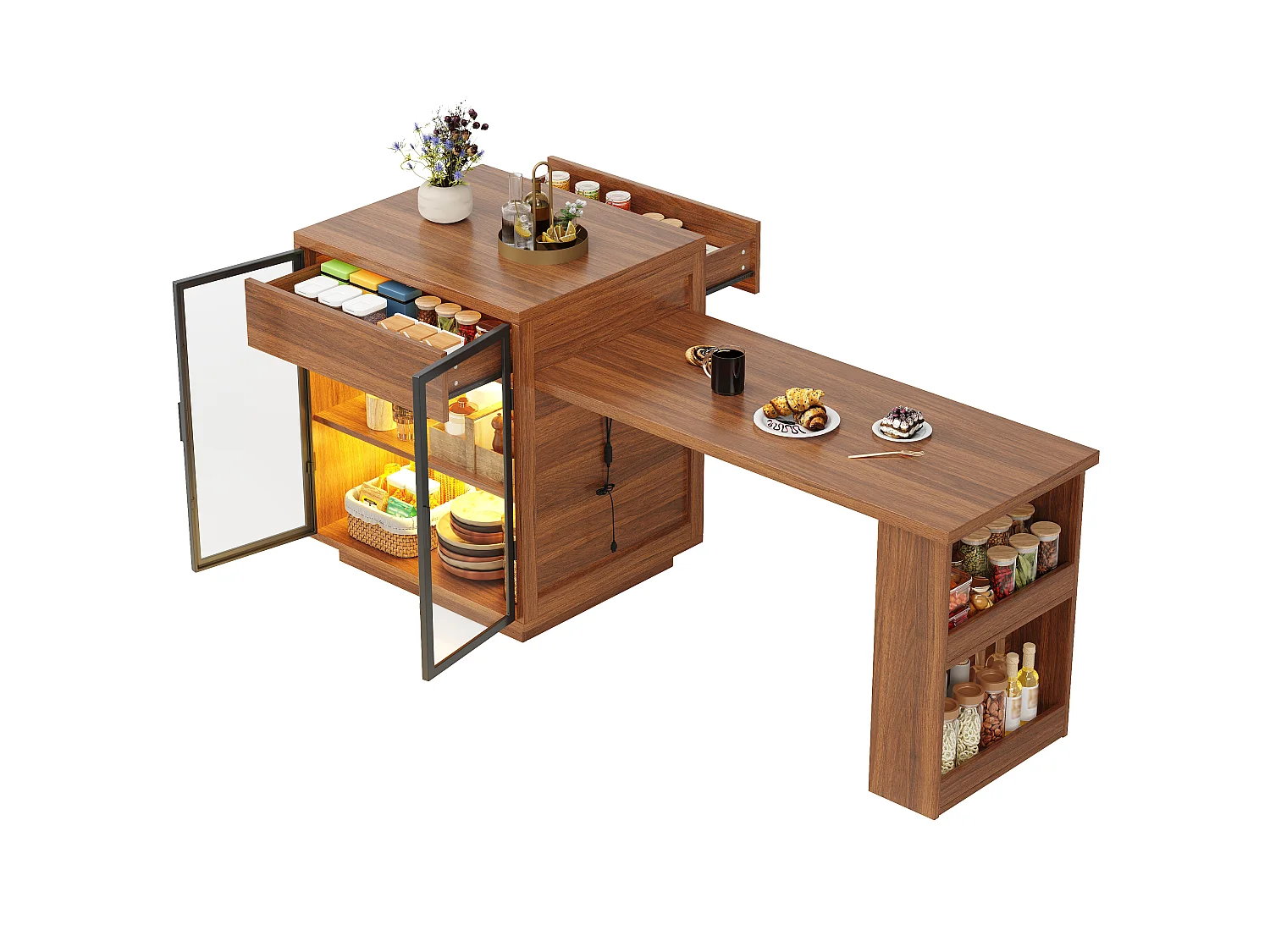 Utdragbart matbord med vitrinskåp, 1 låda, 2 dörrarHyllor, LED och USB – MDF, metall och glas – 122-194,5 x 70 x 94 cm – Brun