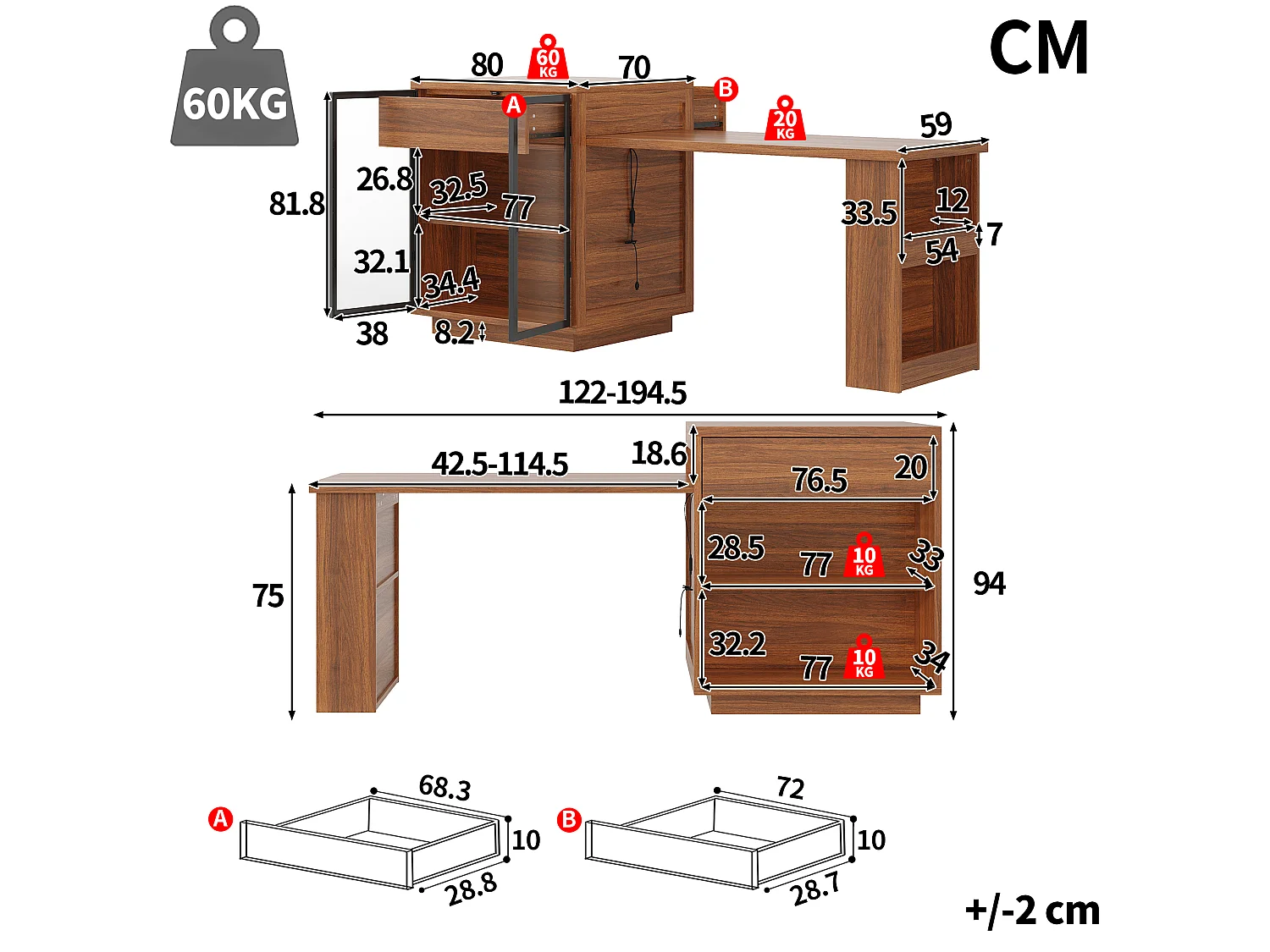 Utdragbart matbord med vitrinskåp, 1 låda, 2 dörrarHyllor, LED och USB – MDF, metall och glas – 122-194,5 x 70 x 94 cm – Brun