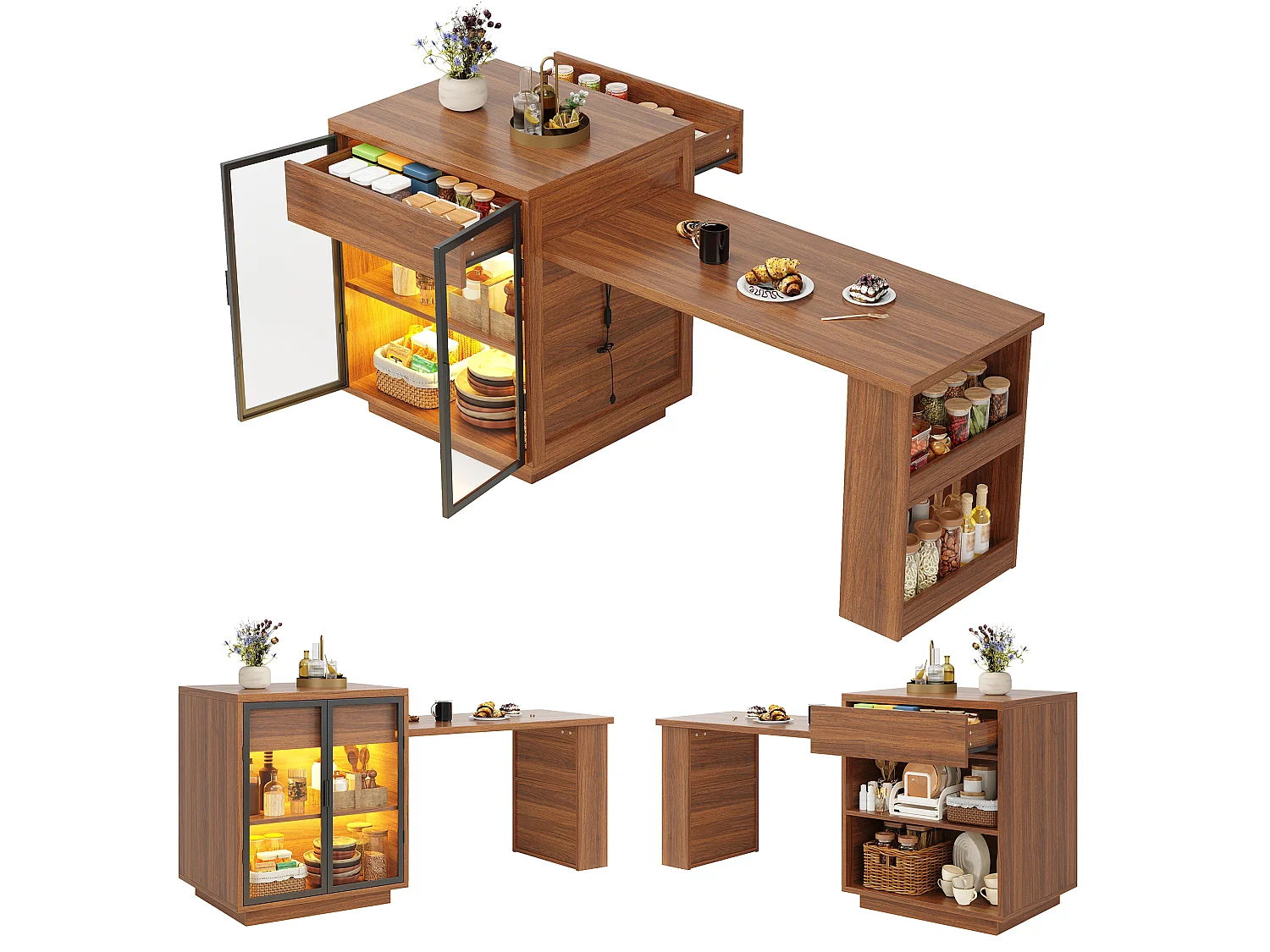 Utdragbart matbord med vitrinskåp, 1 låda, 2 dörrarHyllor, LED och USB – MDF, metall och glas – 122-194,5 x 70 x 94 cm – Brun