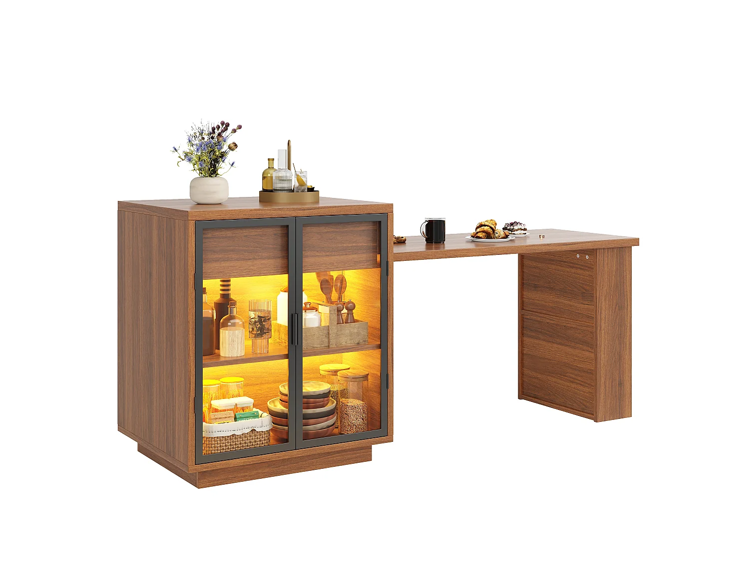 Utdragbart matbord med vitrinskåp, 1 låda, 2 dörrarHyllor, LED och USB – MDF, metall och glas – 122-194,5 x 70 x 94 cm – Brun