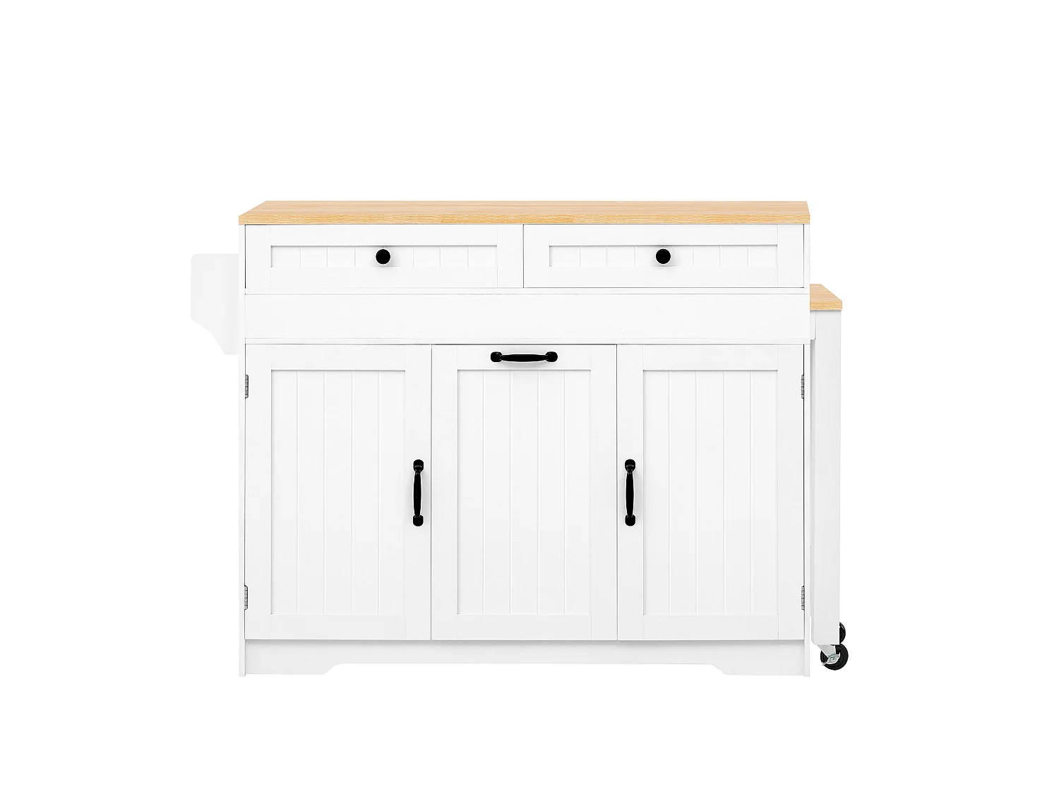 Centraal keukeneiland - uitschuifbare eettafel - met 2 deuren en 3 lades - met wieltjes - Wit+Naturel