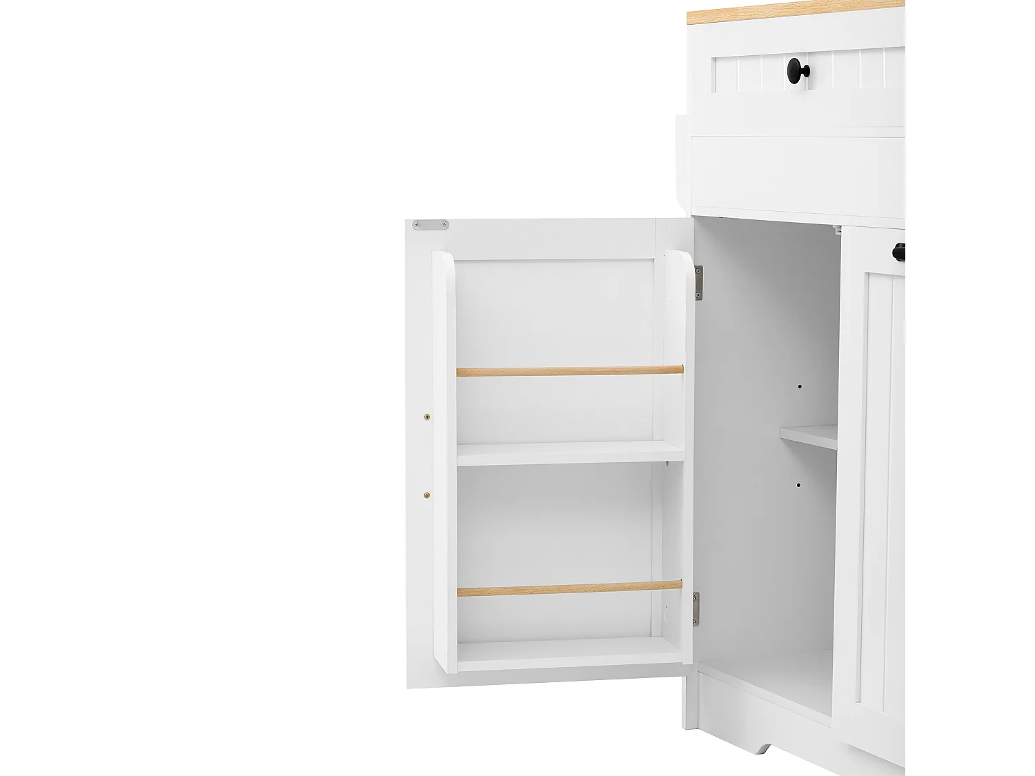 Centraal keukeneiland - uitschuifbare eettafel - met 2 deuren en 3 lades - met wieltjes - Wit+Naturel