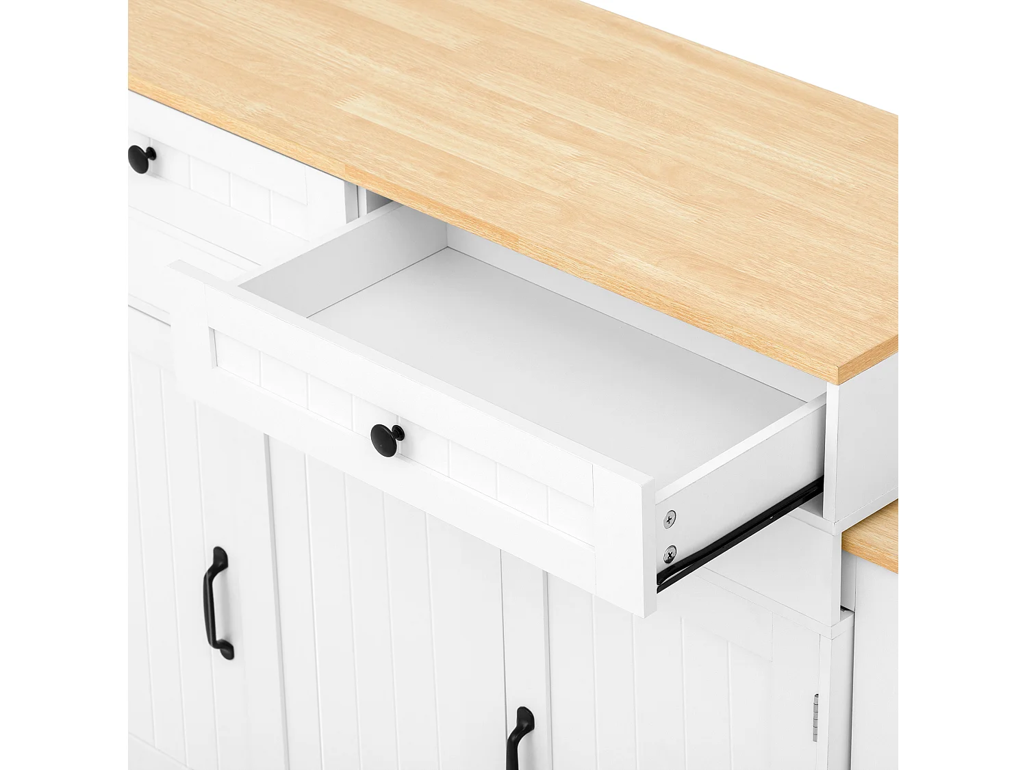 Centraal keukeneiland - uitschuifbare eettafel - met 2 deuren en 3 lades - met wieltjes - Wit+Naturel