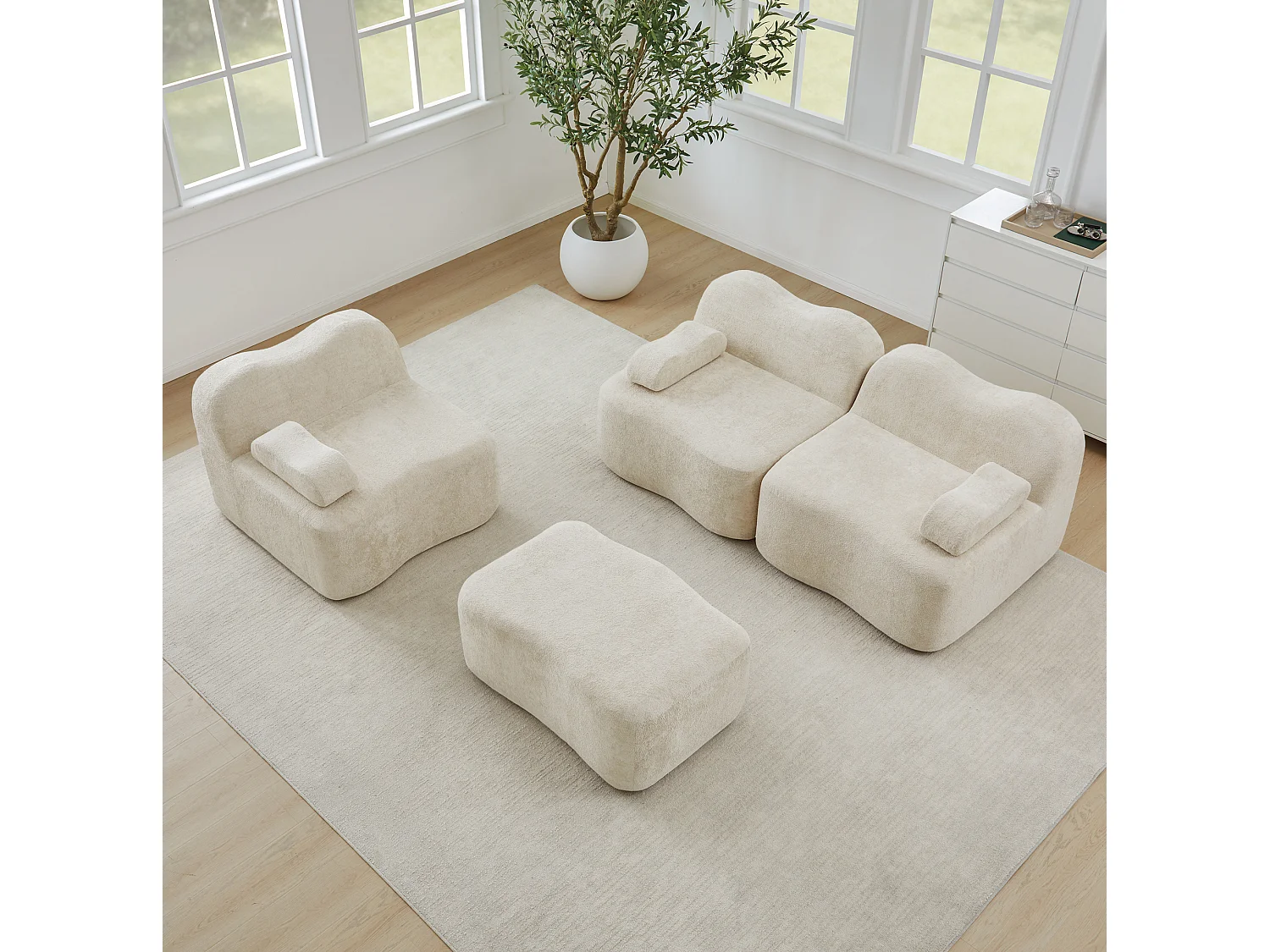 Canapé modulable 3 places en velours avec accoudoirs amovibles et pouf - Beige