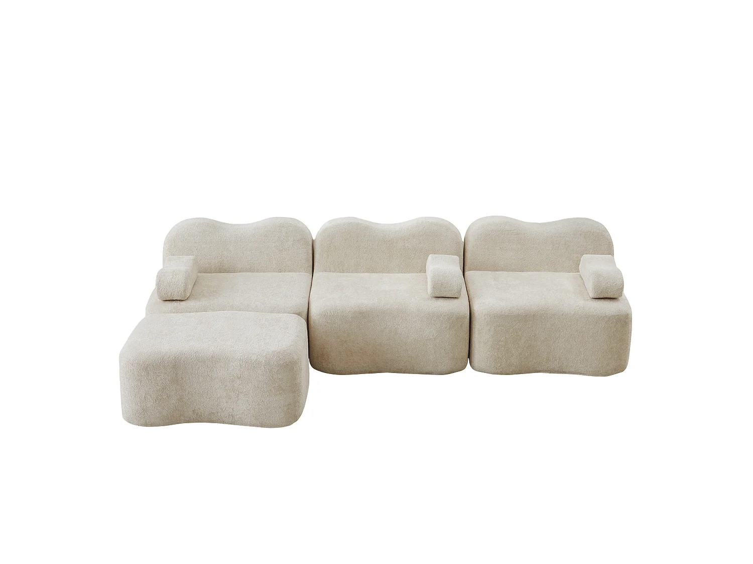 Canapé modulable 3 places en velours avec accoudoirs amovibles et pouf - Beige