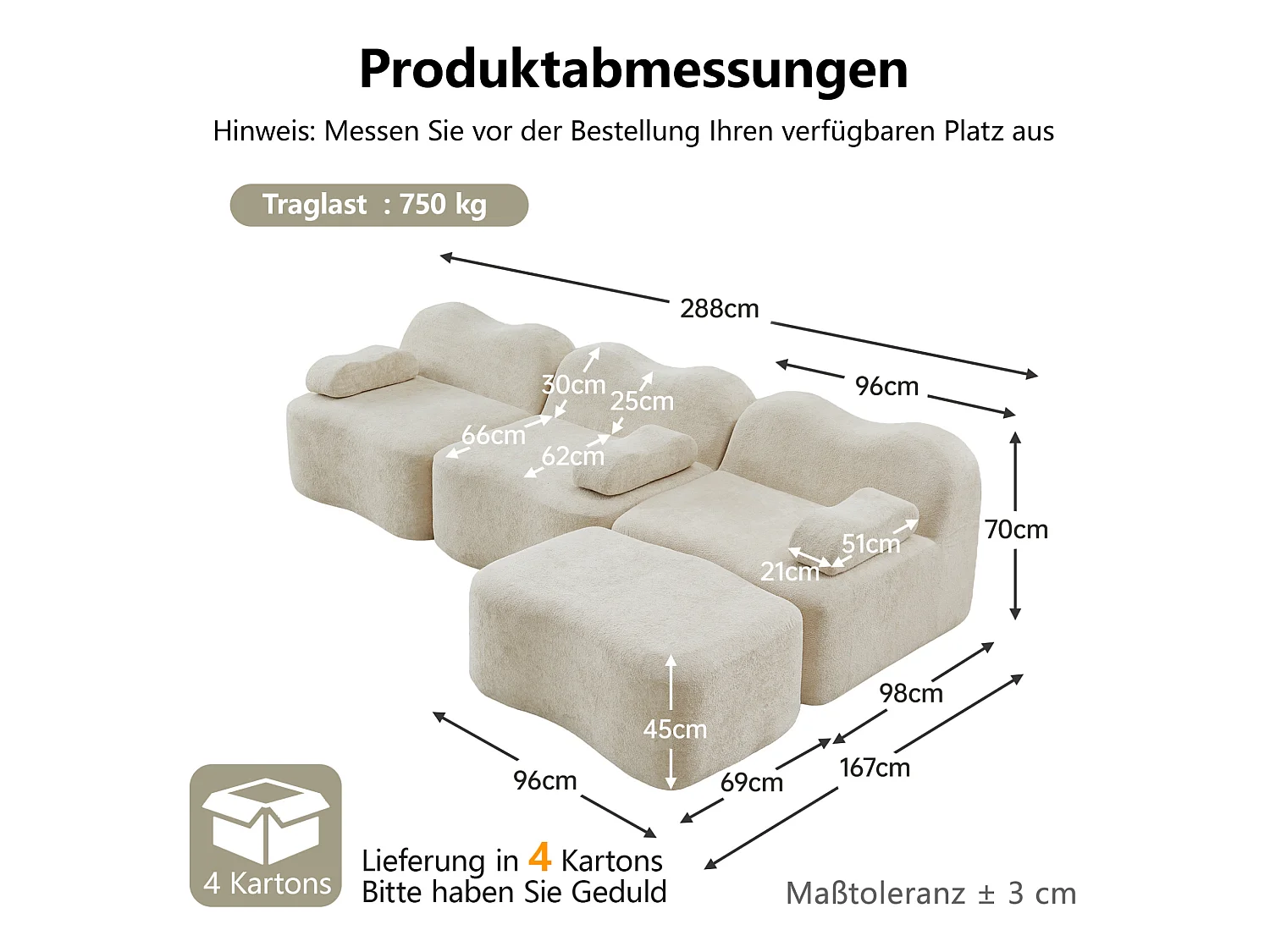 Canapé modulable 3 places en velours avec accoudoirs amovibles et pouf - Beige