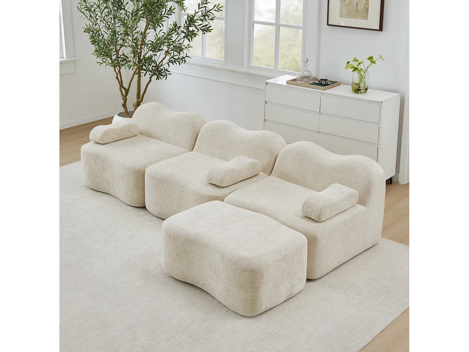 Canapé modulable 3 places en velours avec accoudoirs amovibles et pouf - Beige