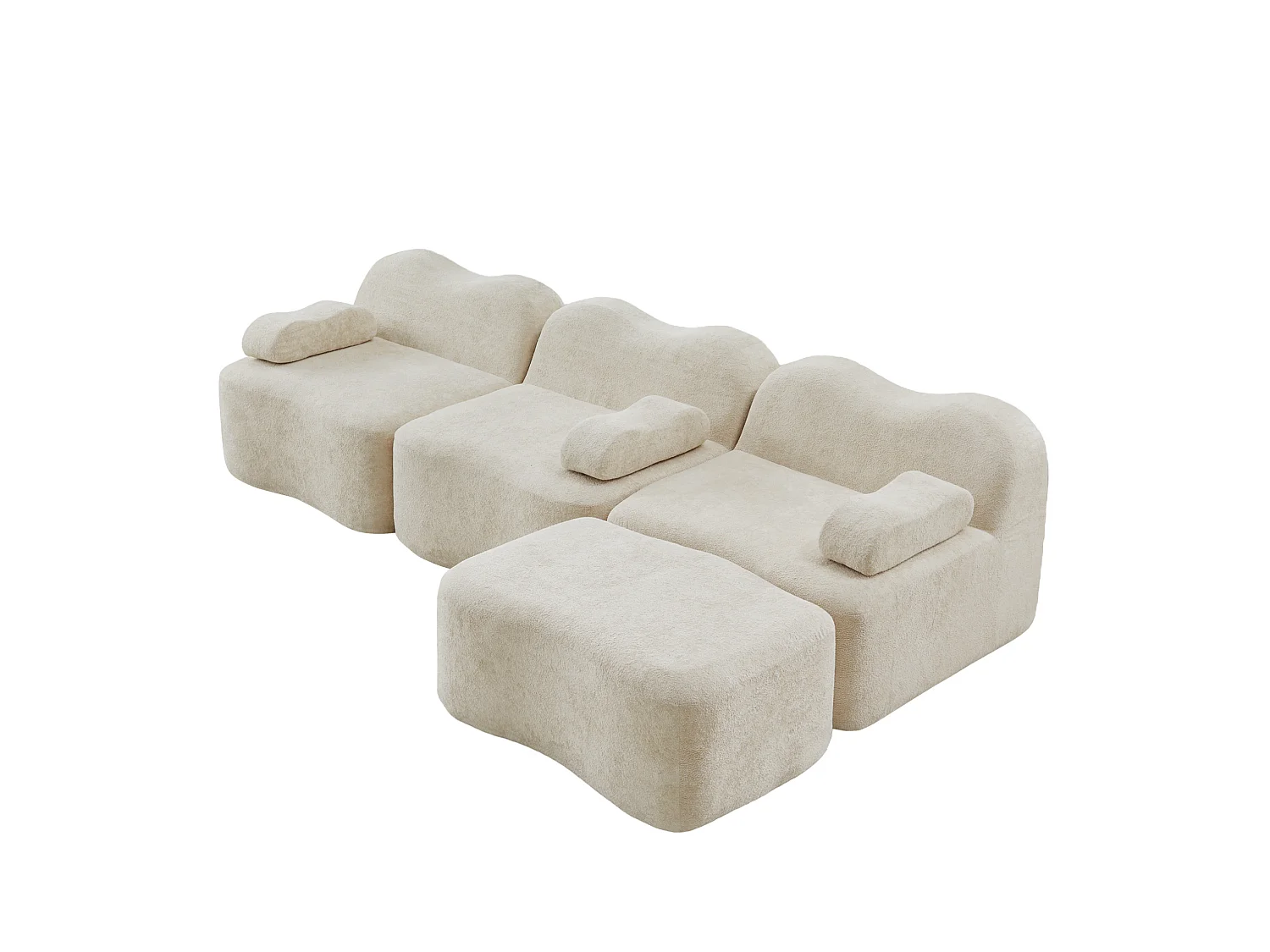 Canapé modulable 3 places en velours avec accoudoirs amovibles et pouf - Beige