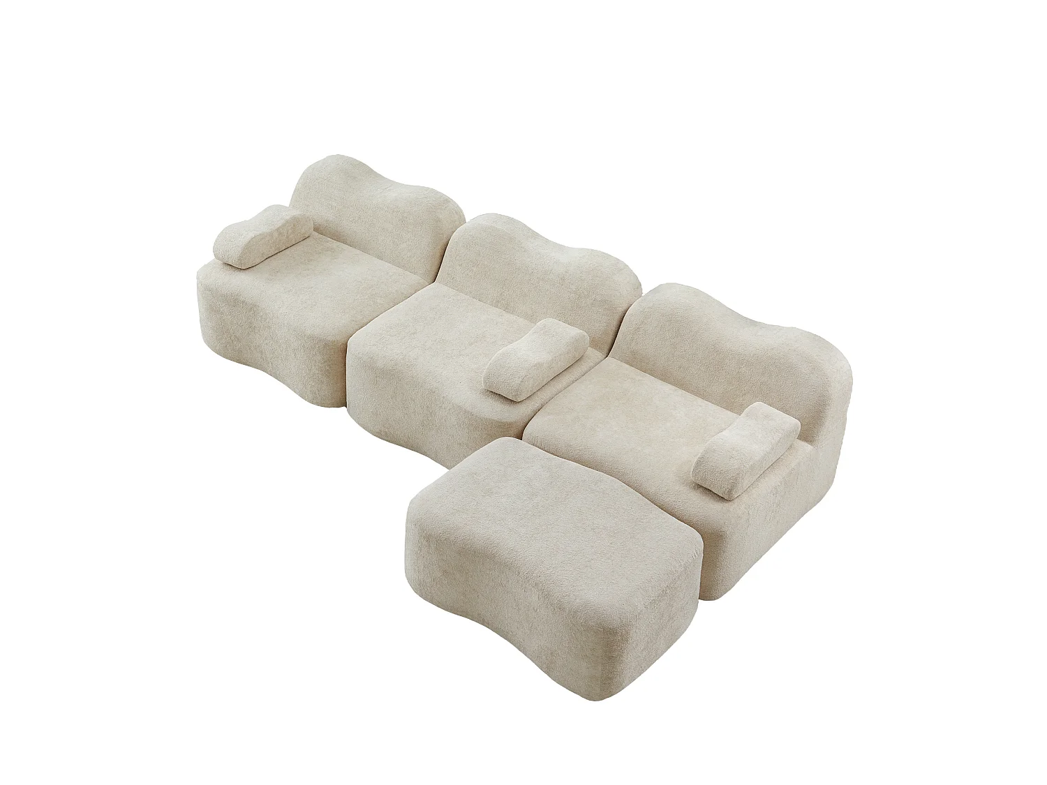Canapé modulable 3 places en velours avec accoudoirs amovibles et pouf - Beige