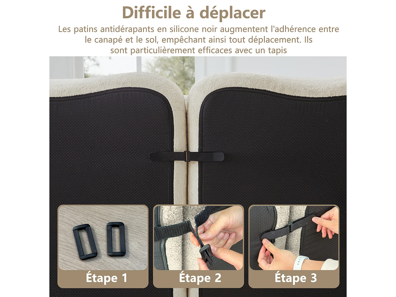 Canapé modulable 3 places en velours avec accoudoirs amovibles et pouf - Beige
