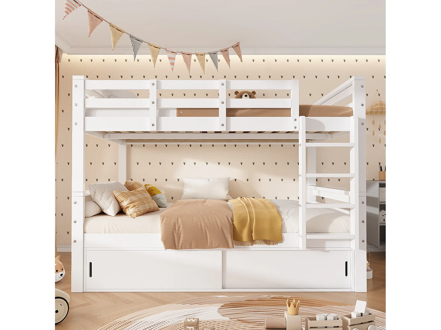 Children's bunk bed 140x200 cm - with 2 sliding doors - with ladder - can be separated into two single beds - Solid wood + MDF - White (without mattress)