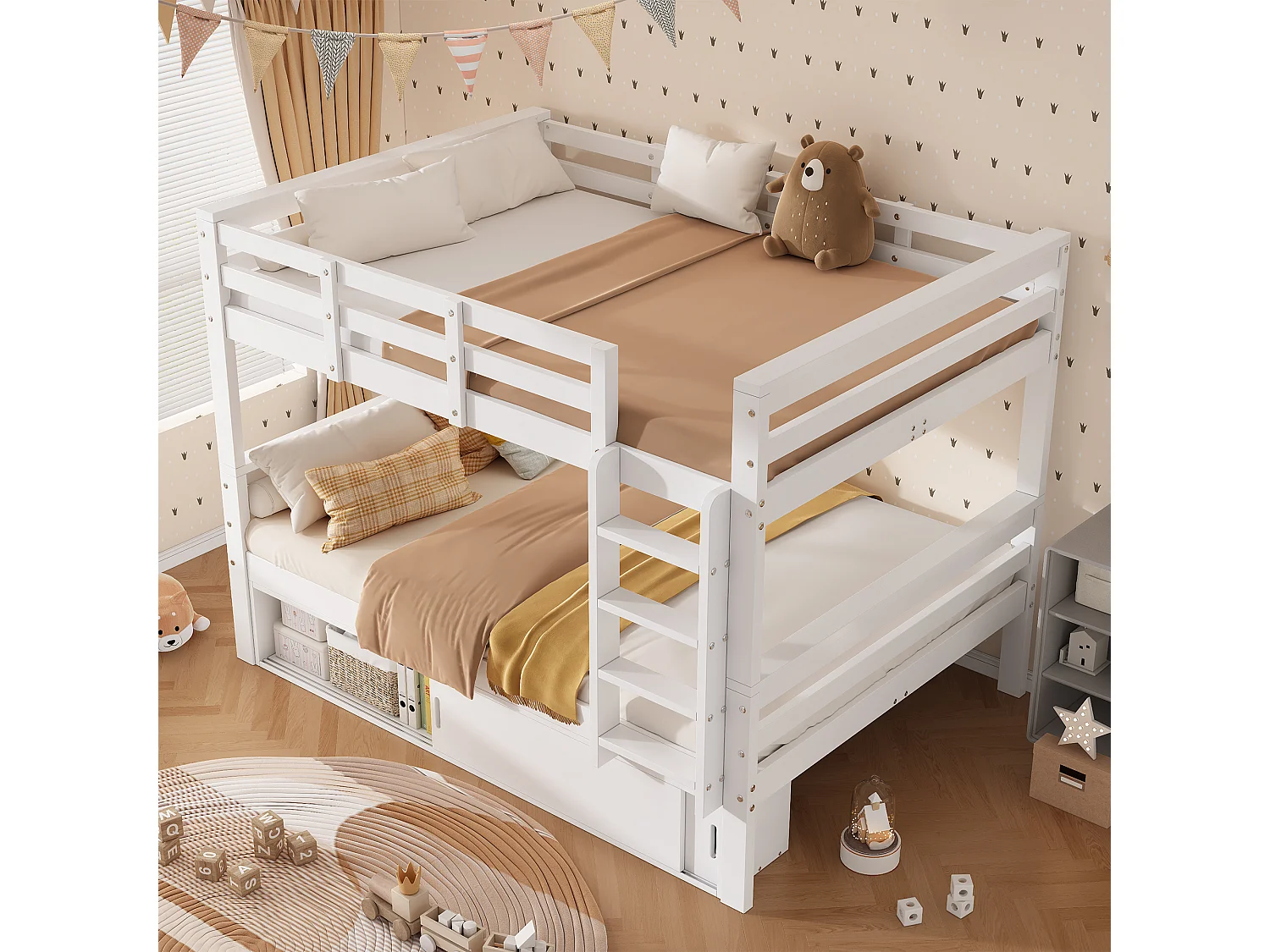 Children's bunk bed 140x200 cm - with 2 sliding doors - with ladder - can be separated into two single beds - Solid wood + MDF - White (without mattress)