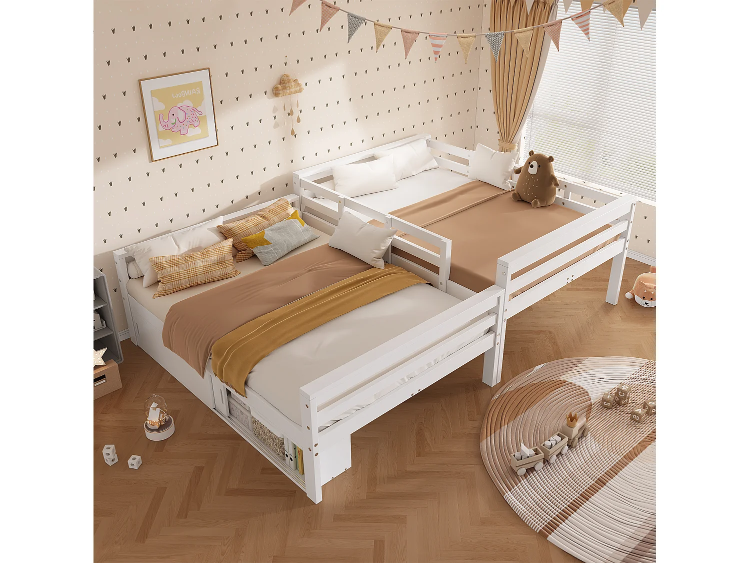 Children's bunk bed 140x200 cm - with 2 sliding doors - with ladder - can be separated into two single beds - Solid wood + MDF - White (without mattress)