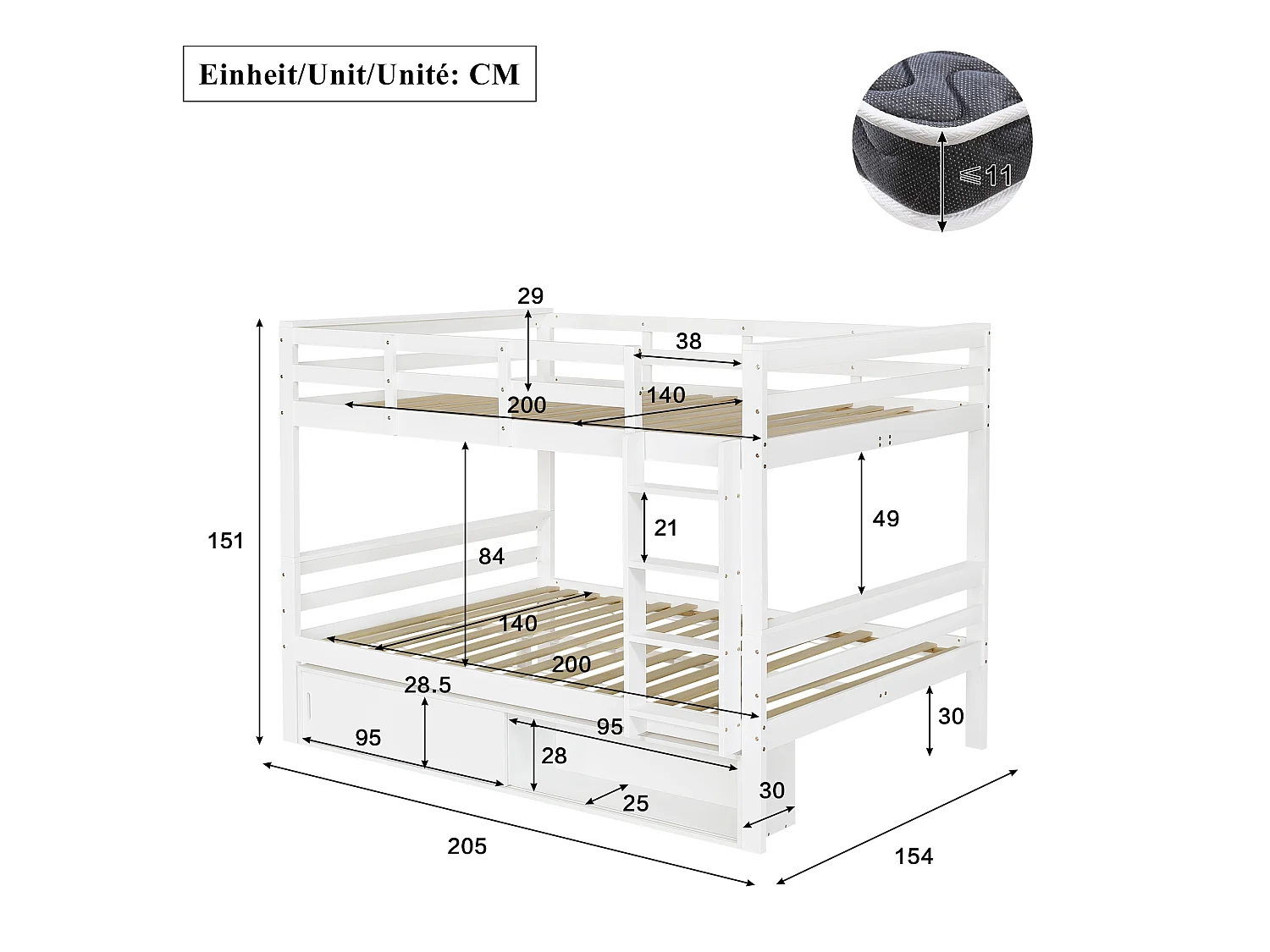 Children's bunk bed 140x200 cm - with 2 sliding doors - with ladder - can be separated into two single beds - Solid wood + MDF - White (without mattress)