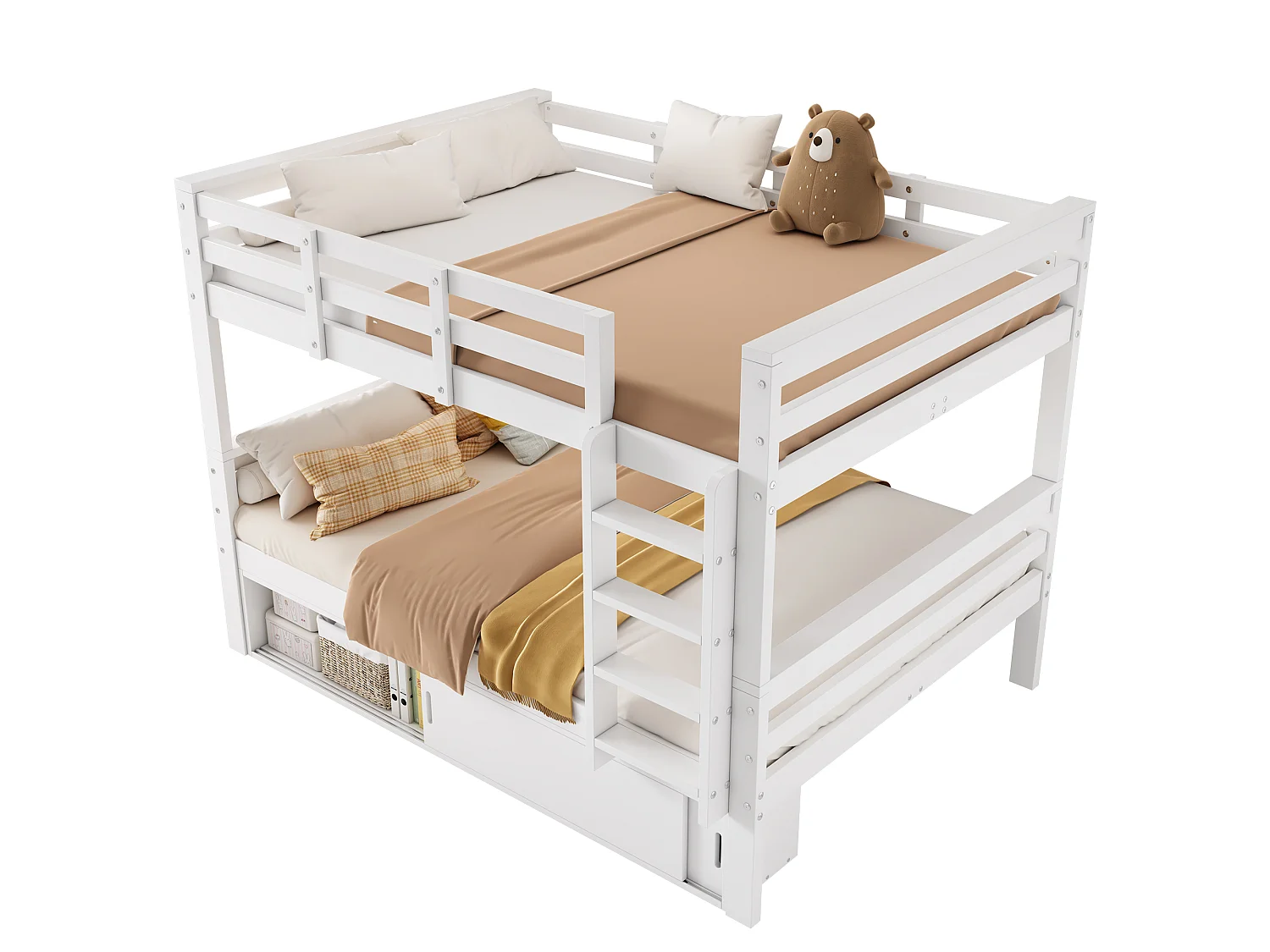 Children's bunk bed 140x200 cm - with 2 sliding doors - with ladder - can be separated into two single beds - Solid wood + MDF - White (without mattress)