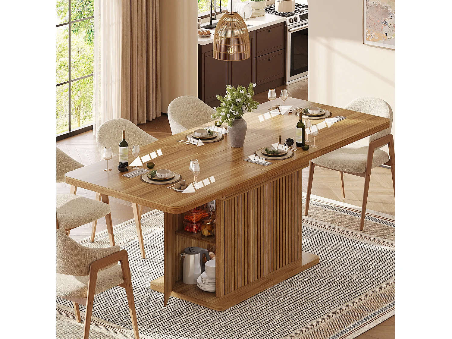 Ausziehbarer Esstisch mit Stauraum, Ablagen und grifflosen Türen – MDF und Metall – 120–160 x 80 x 76 cm – Dunkelbraun