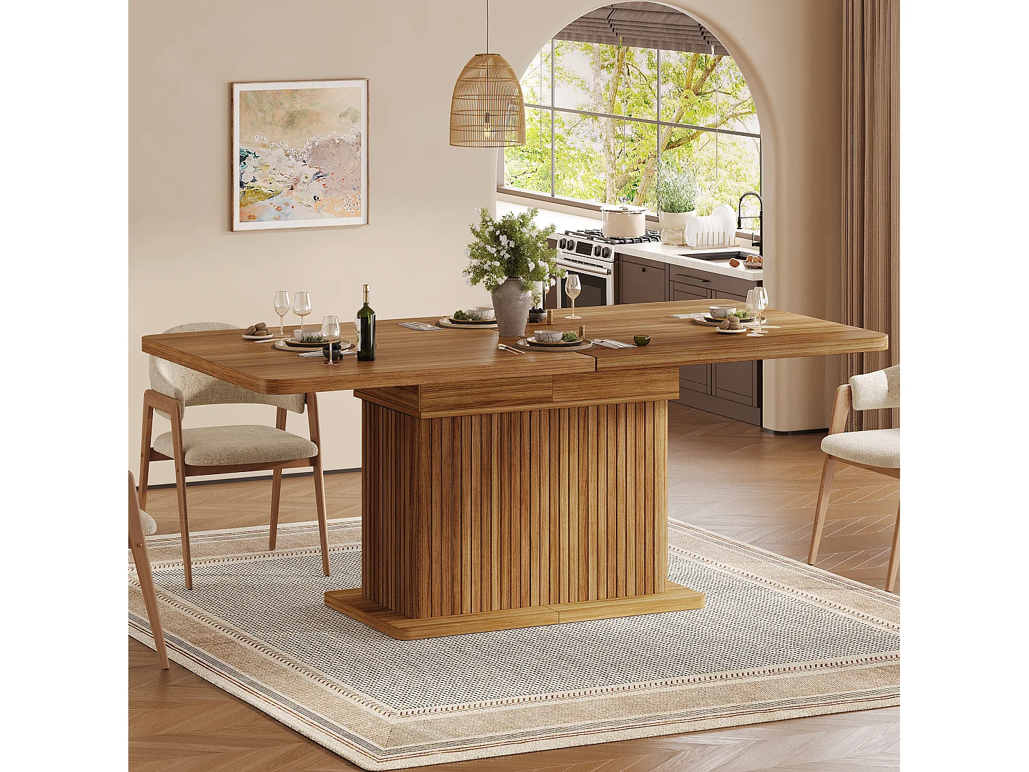 Ausziehbarer Esstisch mit Stauraum, Ablagen und grifflosen Türen – MDF und Metall – 120–160 x 80 x 76 cm – Dunkelbraun