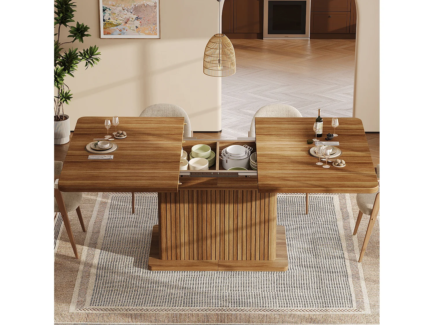 Ausziehbarer Esstisch mit Stauraum, Ablagen und grifflosen Türen – MDF und Metall – 120–160 x 80 x 76 cm – Dunkelbraun