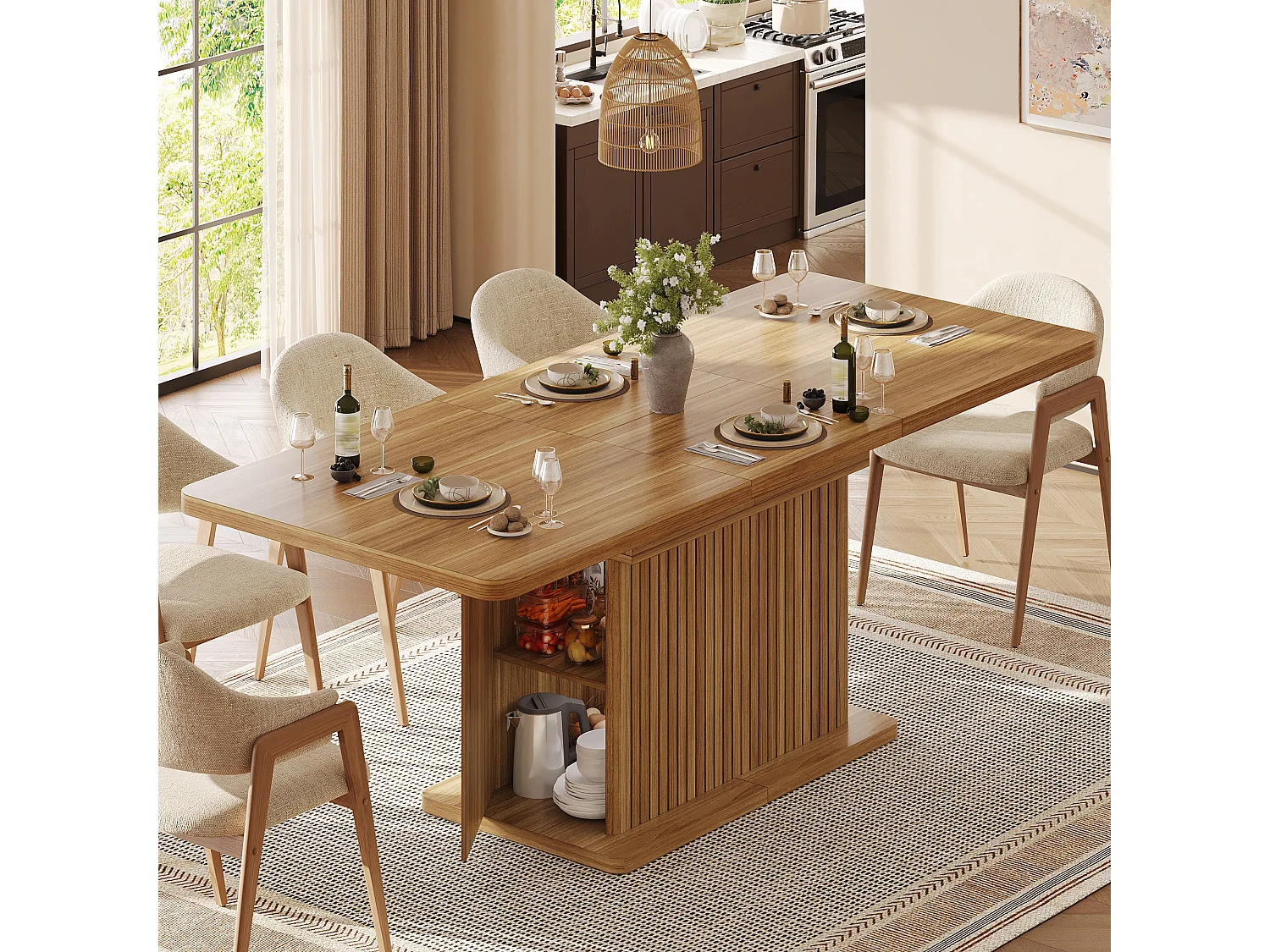 Ausziehbarer Esstisch mit Stauraum, Ablagen und grifflosen Türen – MDF und Metall – 120–160 x 80 x 76 cm – Dunkelbraun