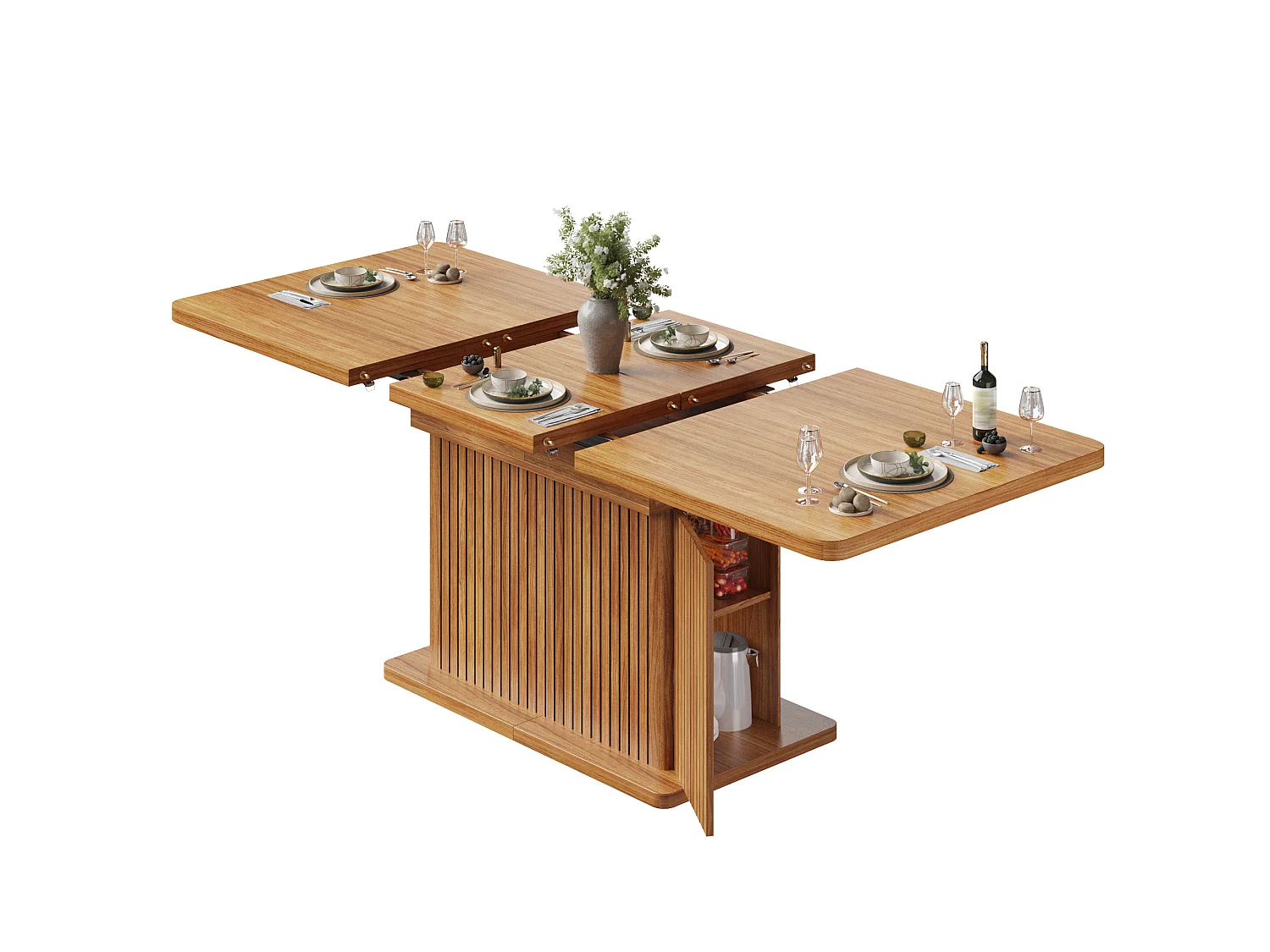 Ausziehbarer Esstisch mit Stauraum, Ablagen und grifflosen Türen – MDF und Metall – 120–160 x 80 x 76 cm – Dunkelbraun