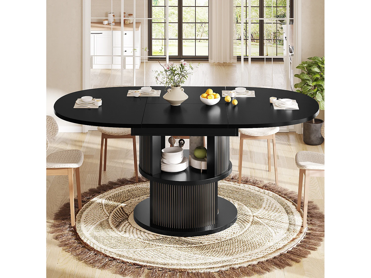Rozkładany okrągły stół jadalny dla 4-6 osób z 2-poziomową przestrzenią do przechowywania – płyta MDF i metal – 118-158 x 118 x 77 cm – czarny