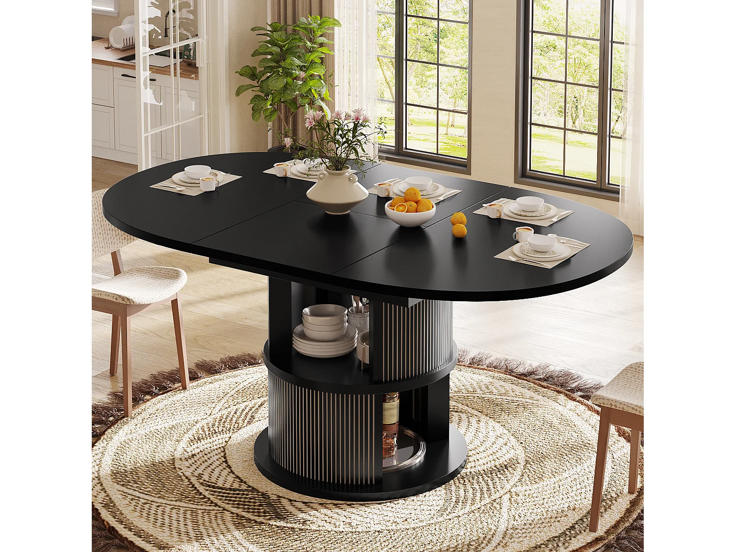 Rozkładany okrągły stół jadalny dla 4-6 osób z 2-poziomową przestrzenią do przechowywania – płyta MDF i metal – 118-158 x 118 x 77 cm – czarny