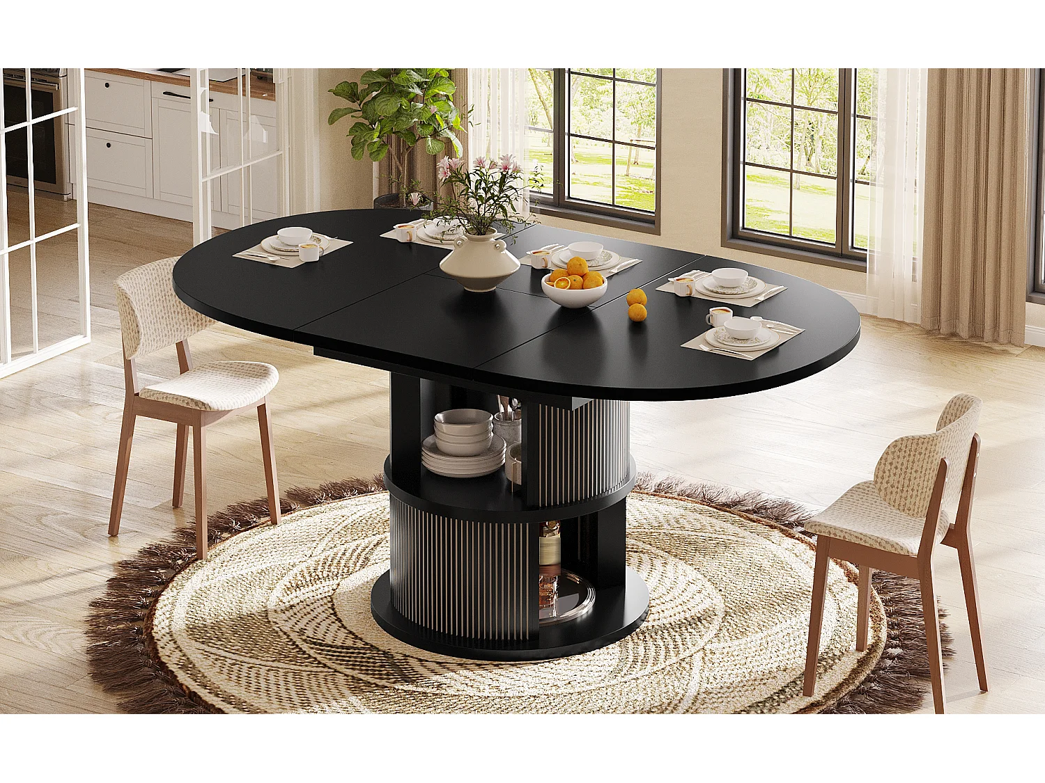 Rozkładany okrągły stół jadalny dla 4-6 osób z 2-poziomową przestrzenią do przechowywania – płyta MDF i metal – 118-158 x 118 x 77 cm – czarny