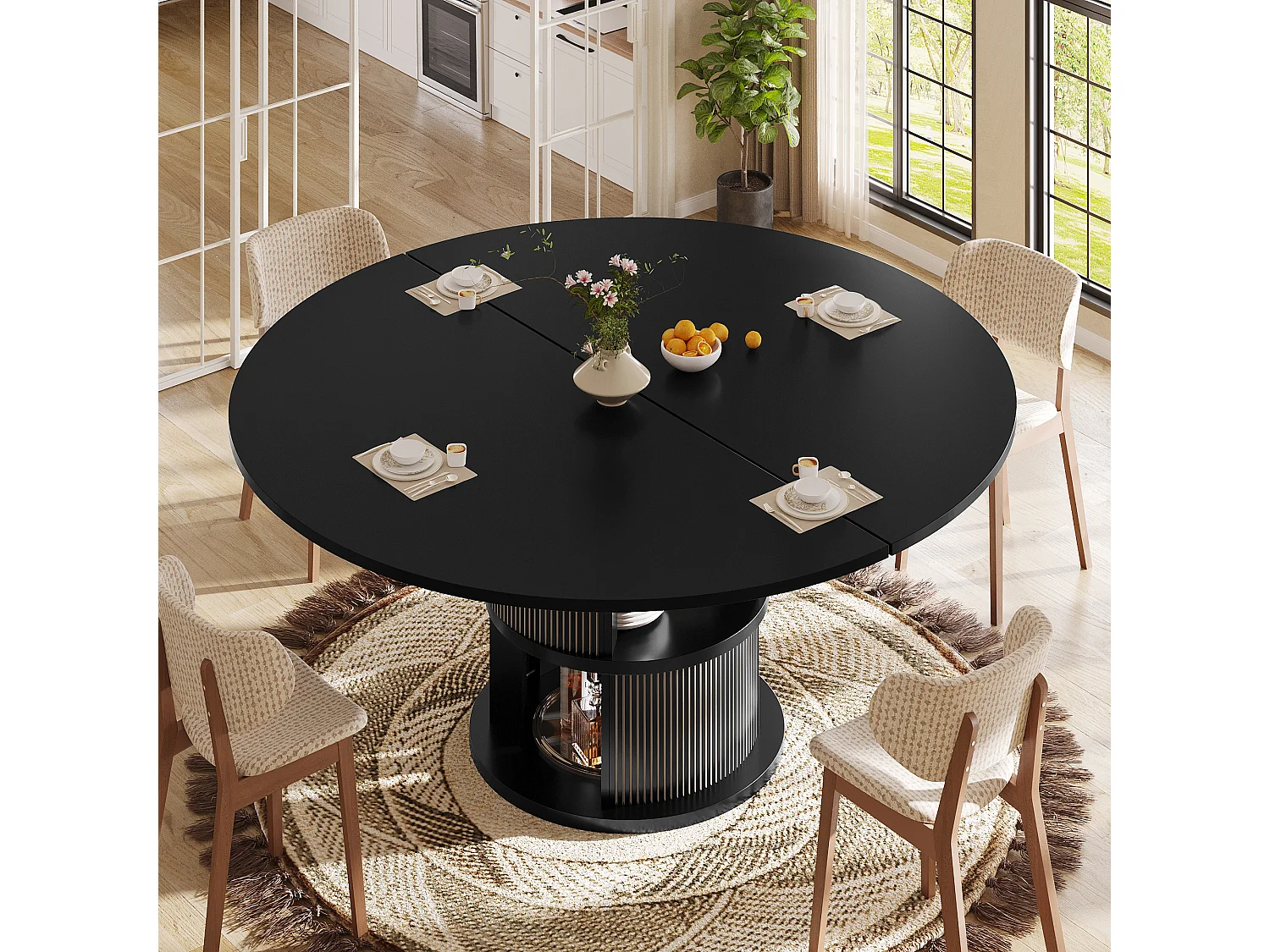 Rozkładany okrągły stół jadalny dla 4-6 osób z 2-poziomową przestrzenią do przechowywania – płyta MDF i metal – 118-158 x 118 x 77 cm – czarny