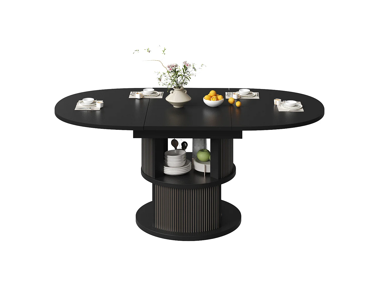 Rozkładany okrągły stół jadalny dla 4-6 osób z 2-poziomową przestrzenią do przechowywania – płyta MDF i metal – 118-158 x 118 x 77 cm – czarny