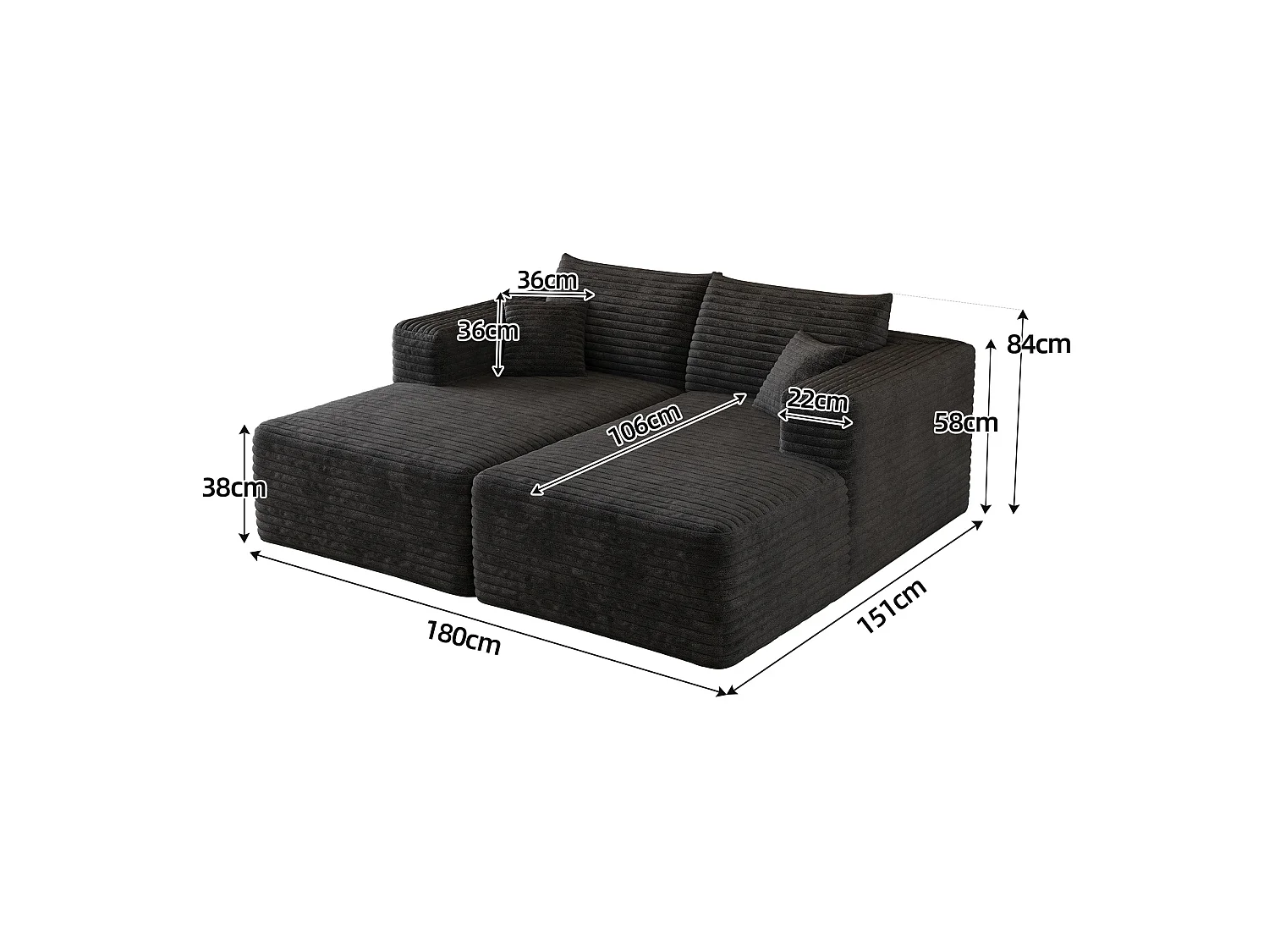 Canapé modulable 180 x 151 cm en velours côtelé - Méridienne 2 places noir