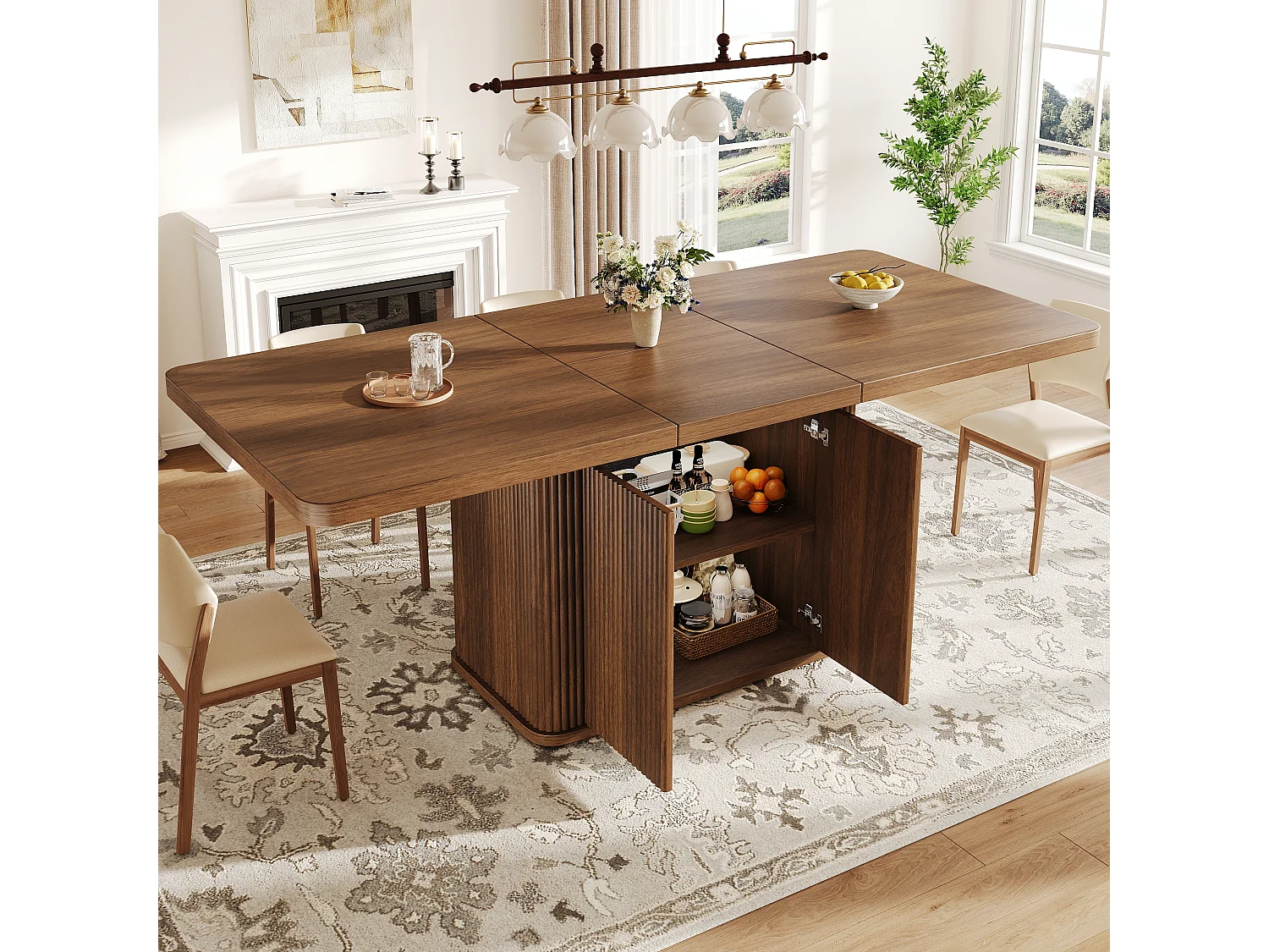 Table à manger extensible avec rangement, portes push-to-open et pieds réglables – MDF et métal – 140-180 x 80 x 76,5 cm – Brun foncé