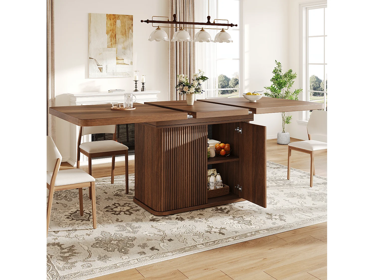 Table à manger extensible avec rangement, portes push-to-open et pieds réglables – MDF et métal – 140-180 x 80 x 76,5 cm – Brun foncé