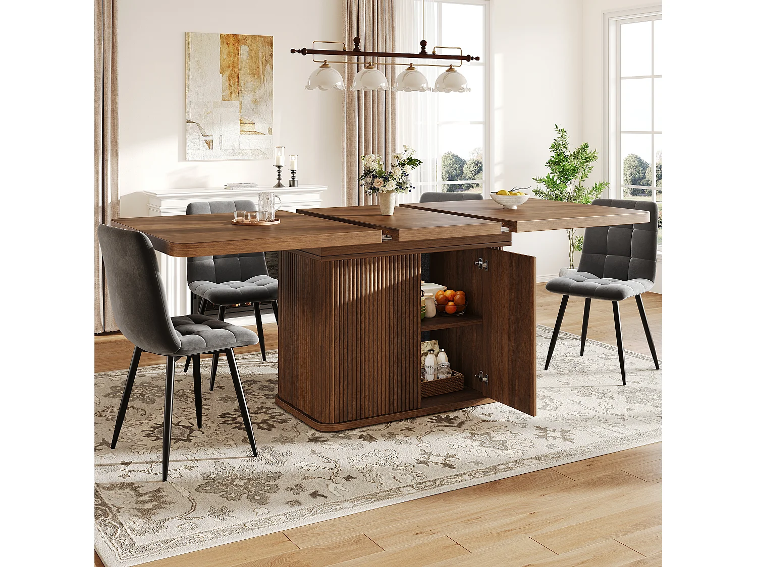 Table à manger extensible avec rangement, portes push-to-open et pieds réglables – MDF et métal – 140-180 x 80 x 76,5 cm – Brun foncé