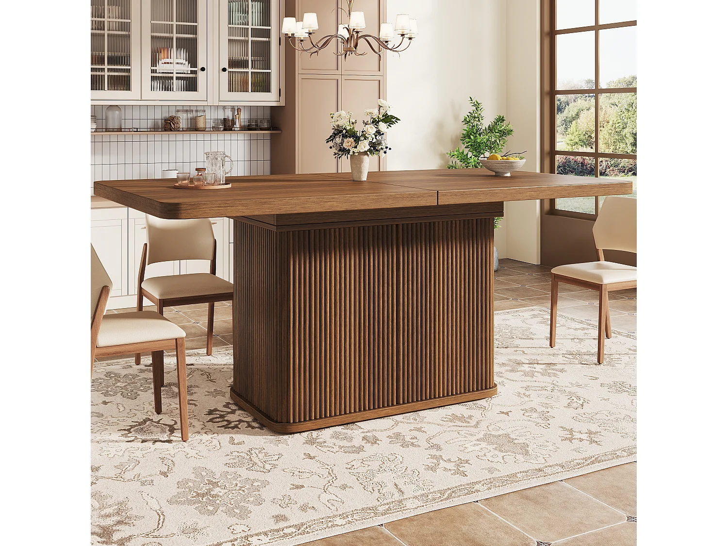 Table à manger extensible avec rangement, portes push-to-open et pieds réglables – MDF et métal – 140-180 x 80 x 76,5 cm – Brun foncé