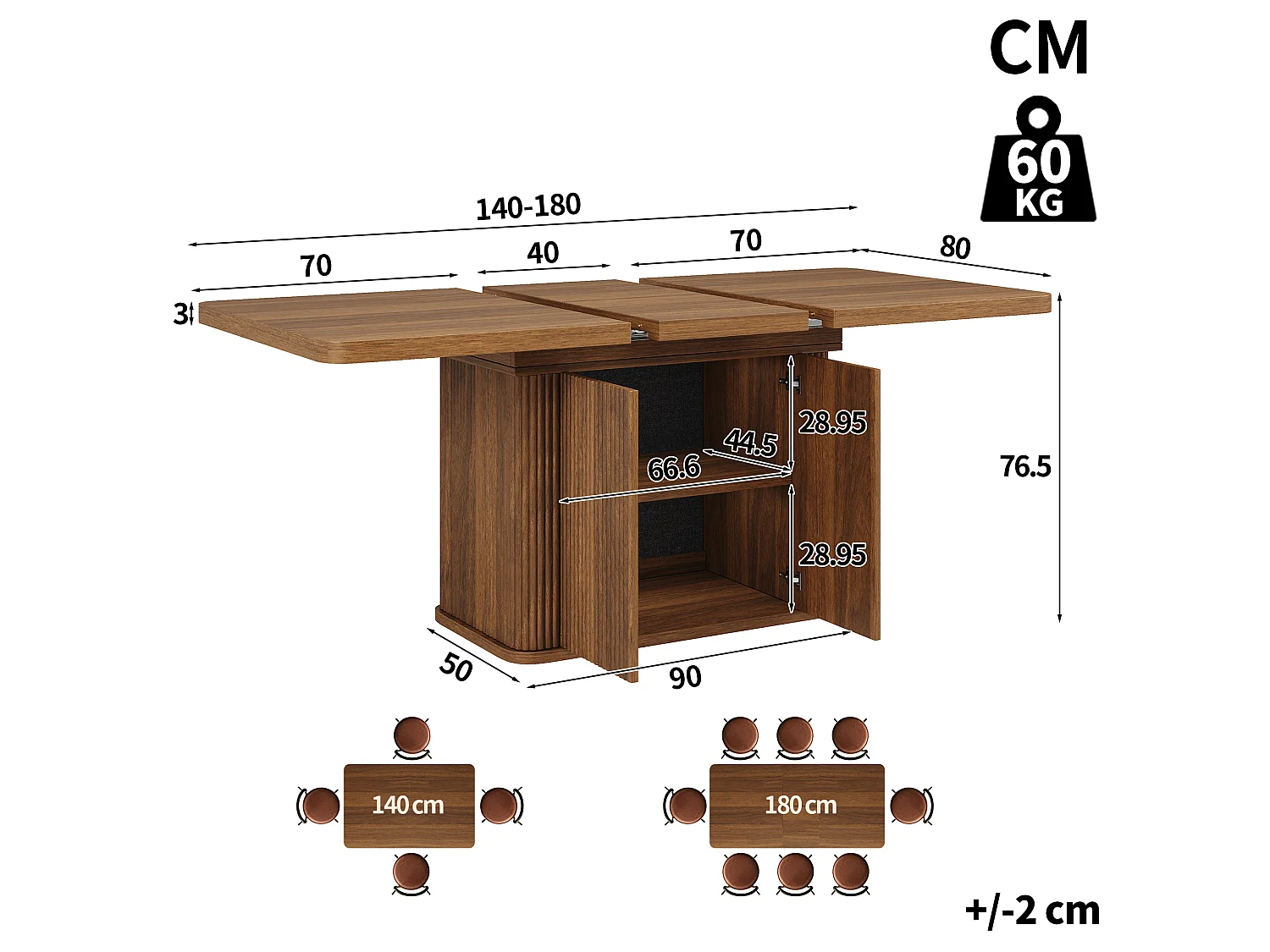 Table à manger extensible avec rangement, portes push-to-open et pieds réglables – MDF et métal – 140-180 x 80 x 76,5 cm – Brun foncé