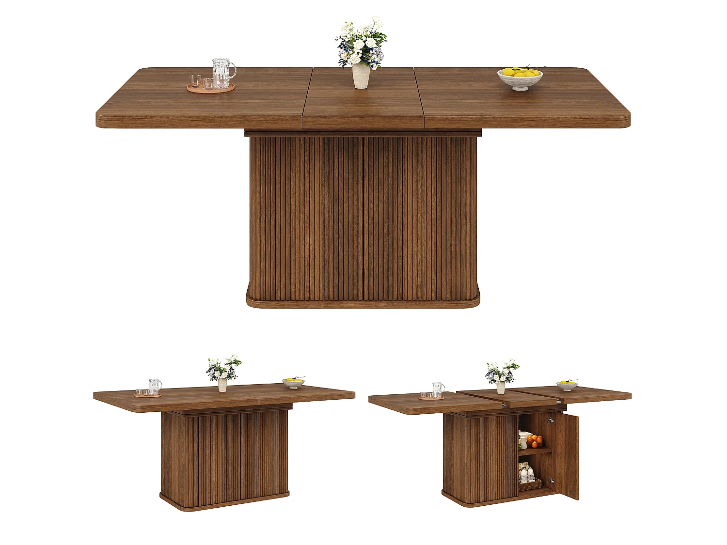 Table à manger extensible avec rangement, portes push-to-open et pieds réglables – MDF et métal – 140-180 x 80 x 76,5 cm – Brun foncé
