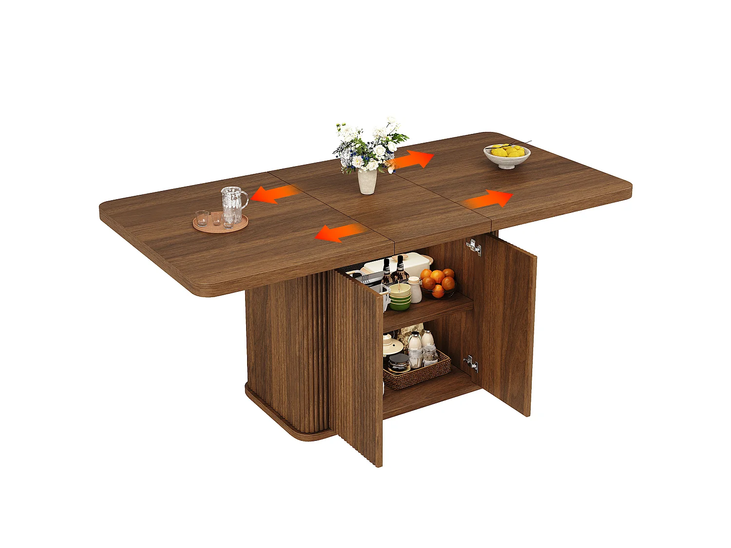 Table à manger extensible avec rangement, portes push-to-open et pieds réglables – MDF et métal – 140-180 x 80 x 76,5 cm – Brun foncé