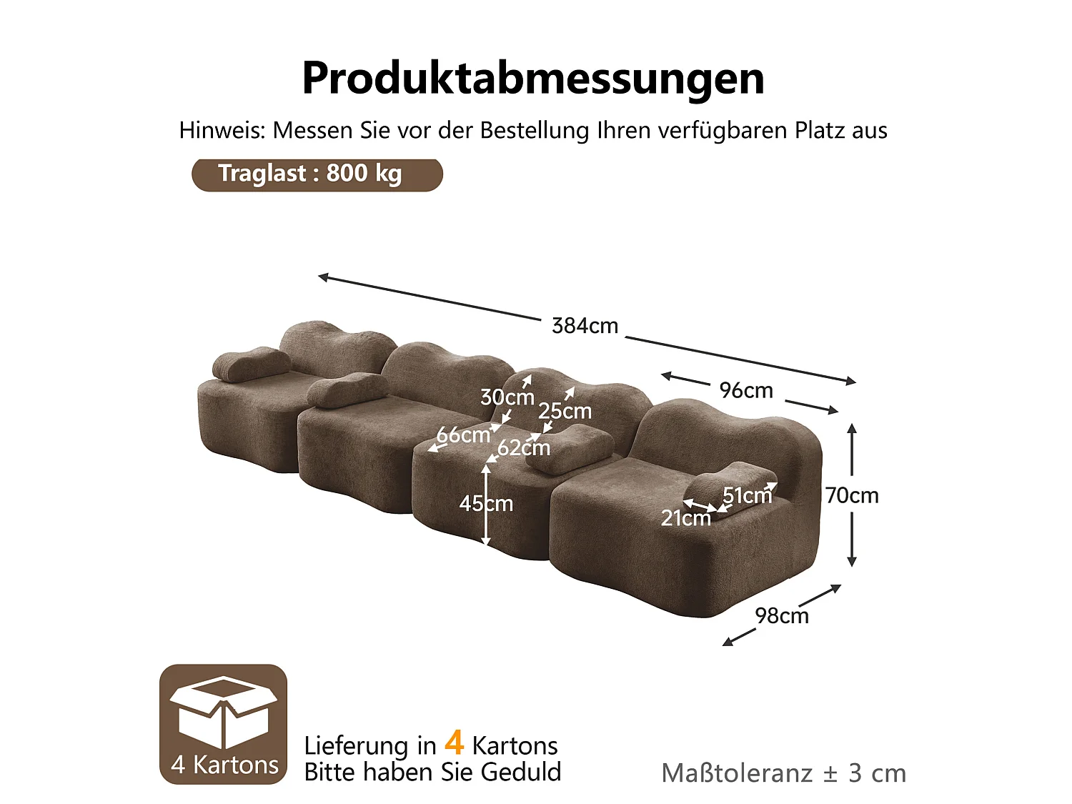Canapé modulable 4 places 384 cm en velours - Marron