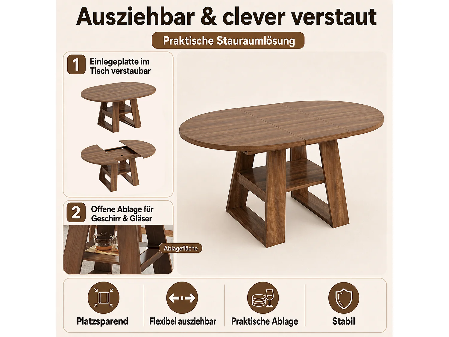 Table à manger ronde extensible 4 à 6 personnes avec rangement et étagères – MDF – 110-150 x 110 x 75 cm – Noyer