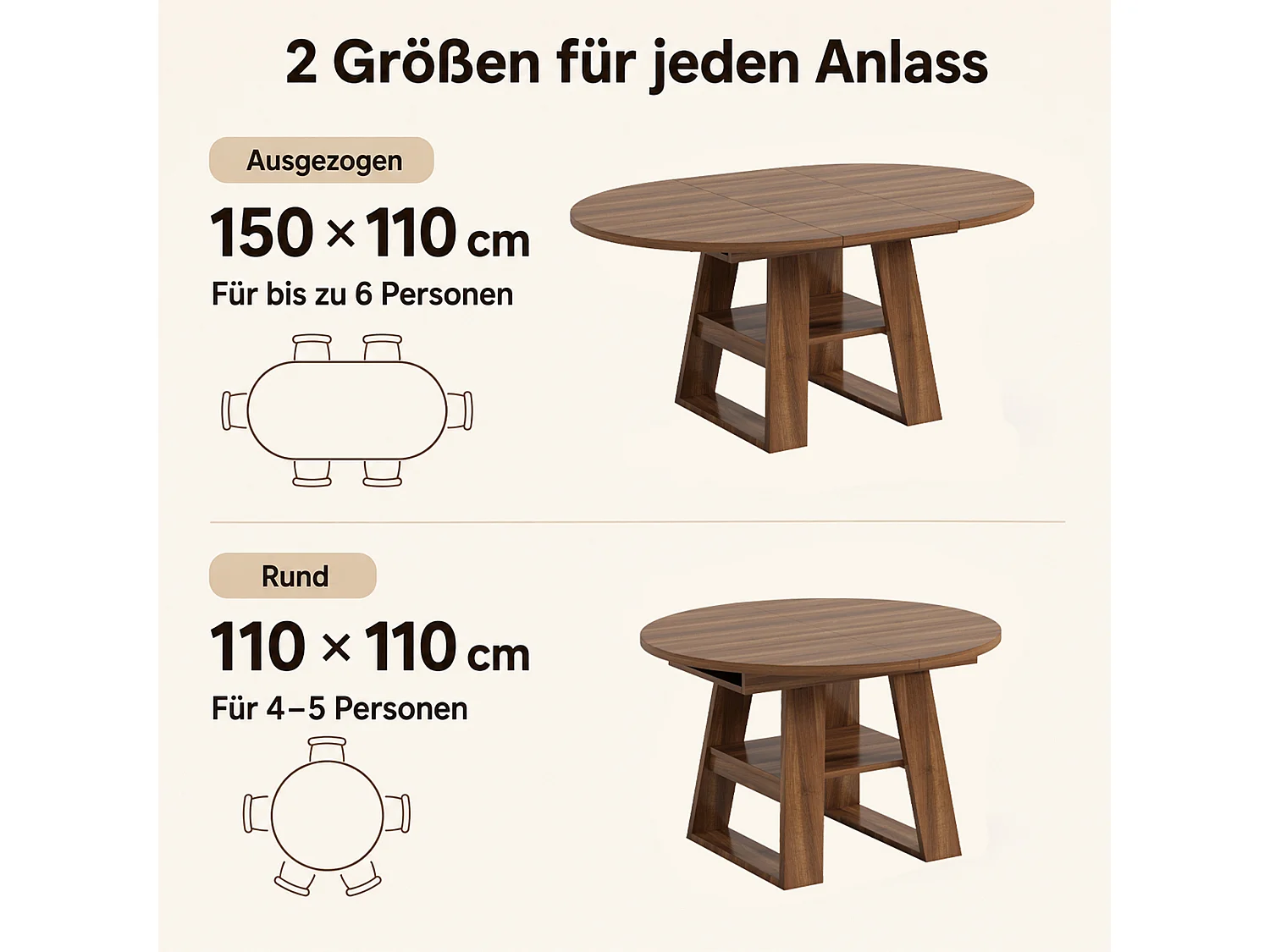 Table à manger ronde extensible 4 à 6 personnes avec rangement et étagères – MDF – 110-150 x 110 x 75 cm – Noyer