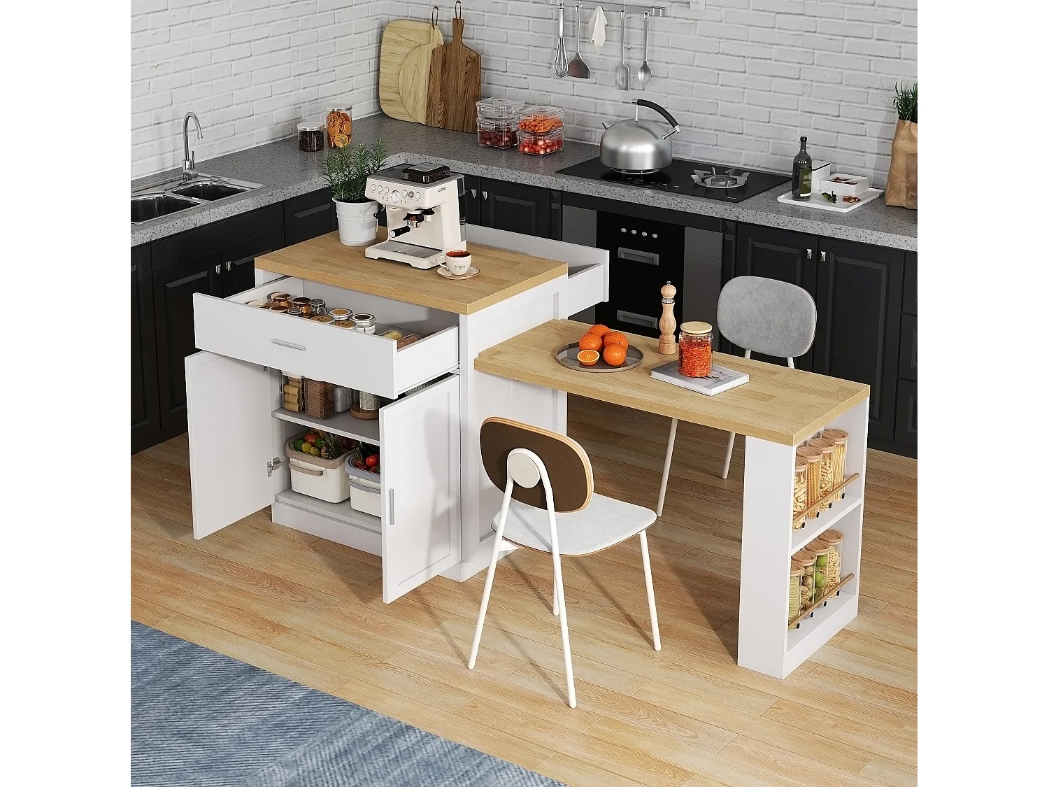 Îlot central de cuisine - table à manger extensible - avec 2 portes et 2 tiroirs - avec prise de courant - Blanc + Naturel