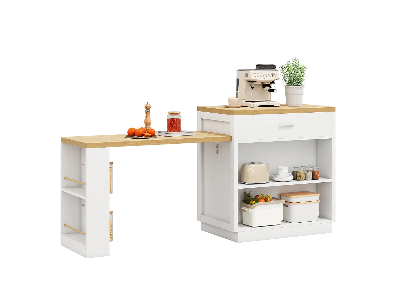 Îlot central de cuisine - table à manger extensible - avec 2 portes et 2 tiroirs - avec prise de courant - Blanc + Naturel
