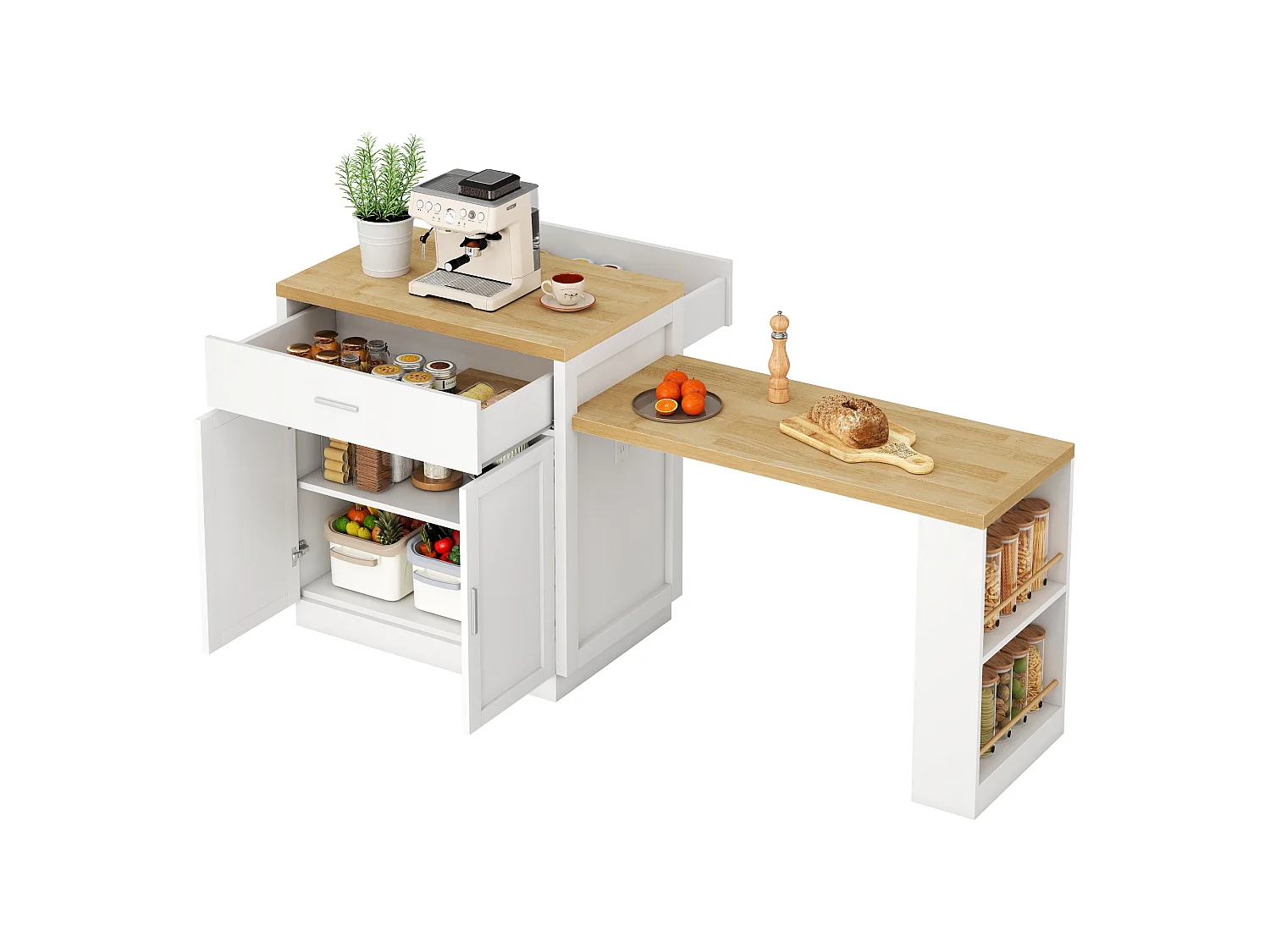 Îlot central de cuisine - table à manger extensible - avec 2 portes et 2 tiroirs - avec prise de courant - Blanc + Naturel